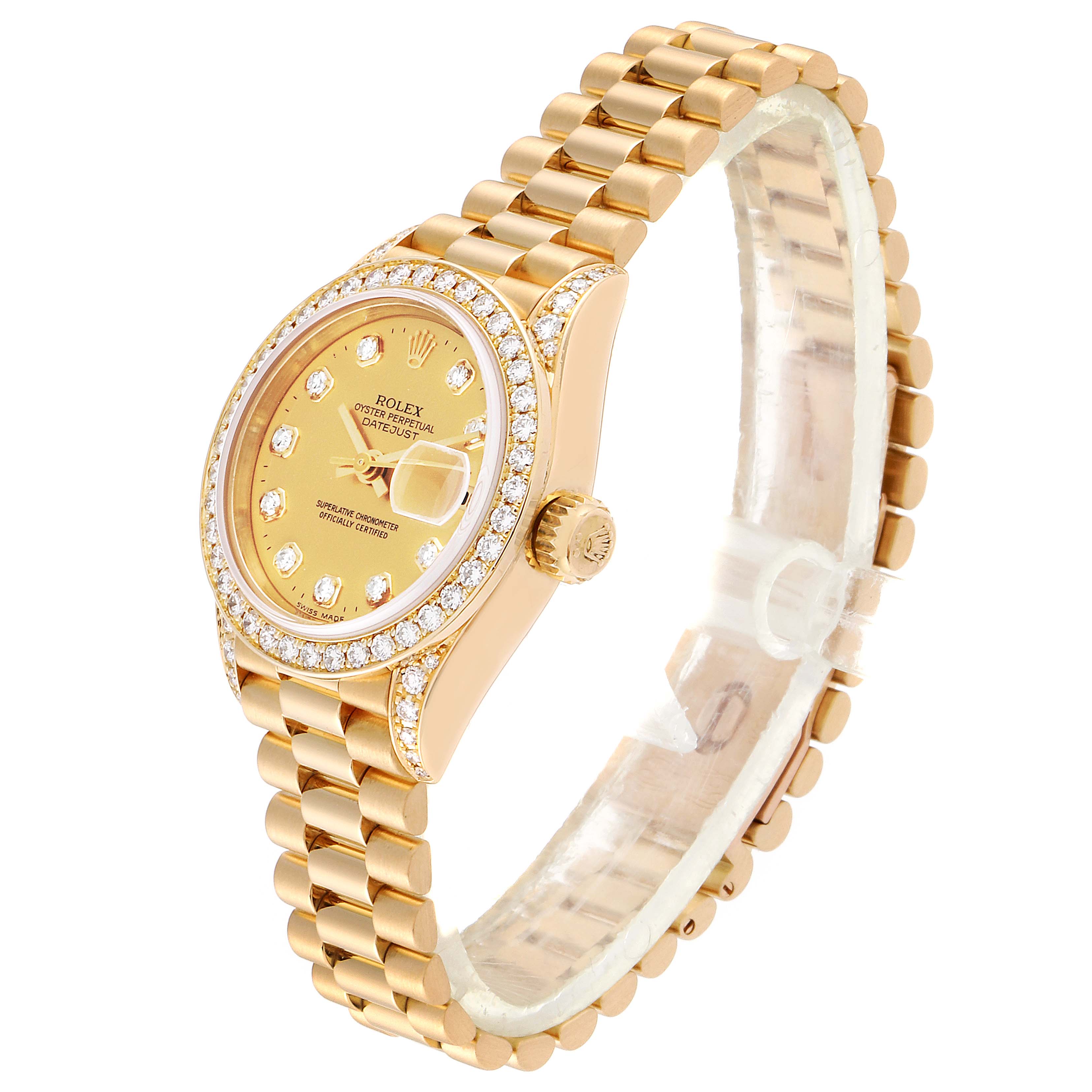 This image shows a side angle of the Rolex President 69158 Women
s Yellow Gold Champagne Dial 69158 Women
s Yellow Gold Champagne Dial model watch, highlighting the bezel, dial, crown, and bracelet.
