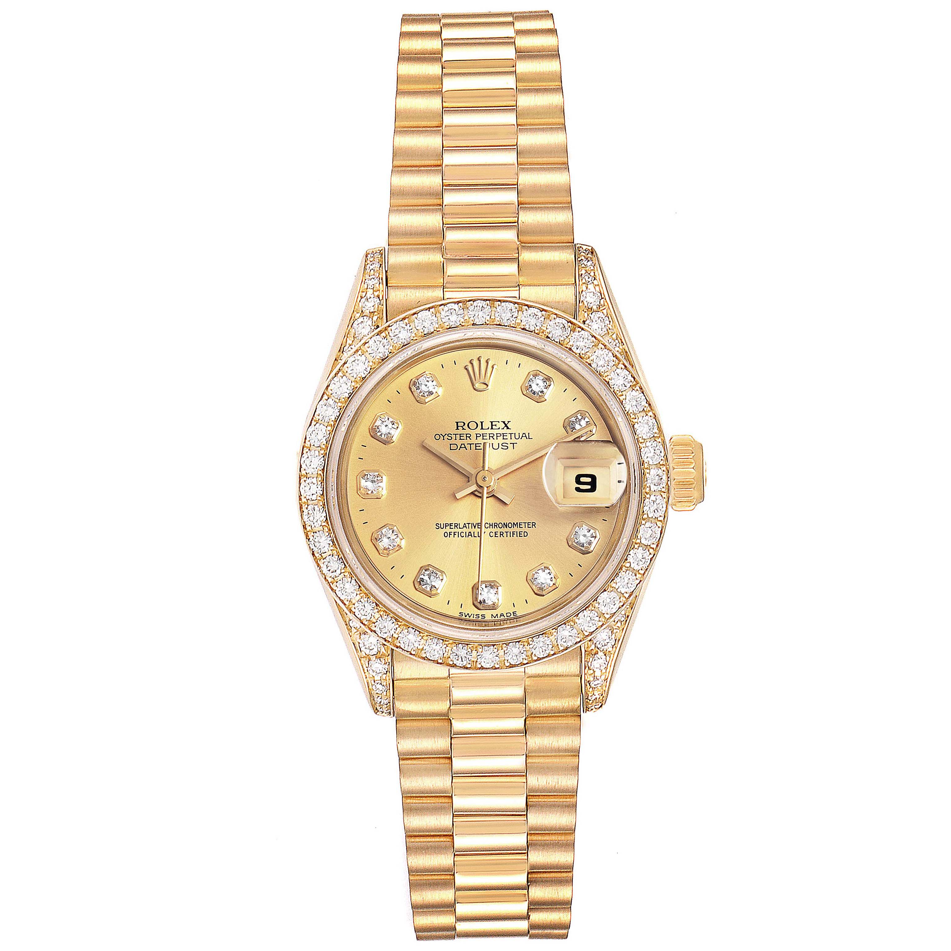 The image shows a frontal view of a gold Rolex President 69158 Women
s Yellow Gold Champagne Dial 69158 Women
s Yellow Gold Champagne Dial model watch with diamond accents and a date display.