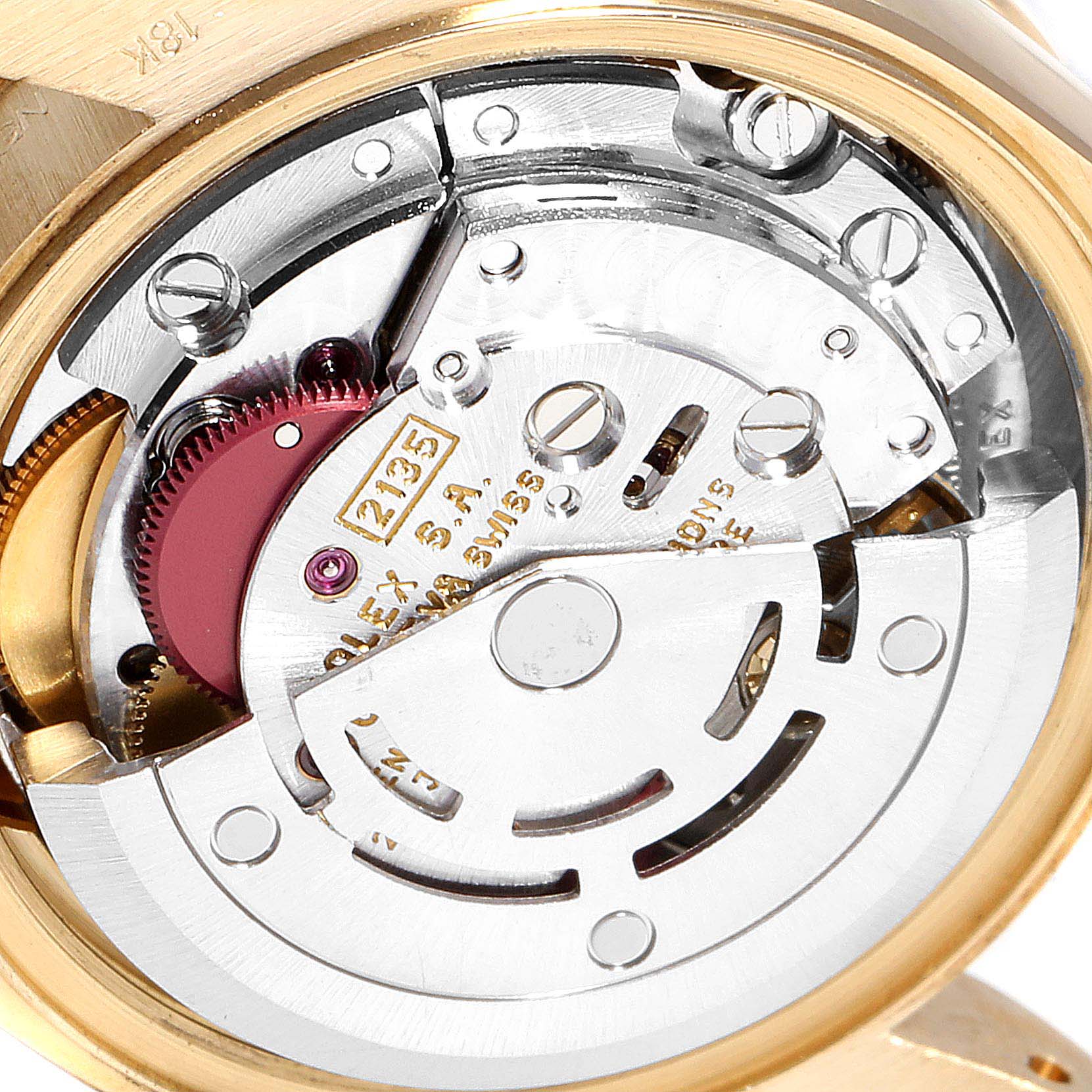 The image shows the internal mechanism (movement) of a Rolex President 69158 Women
s Yellow Gold Champagne Dial 69158 Women
s Yellow Gold Champagne Dial model watch, viewed from the back.