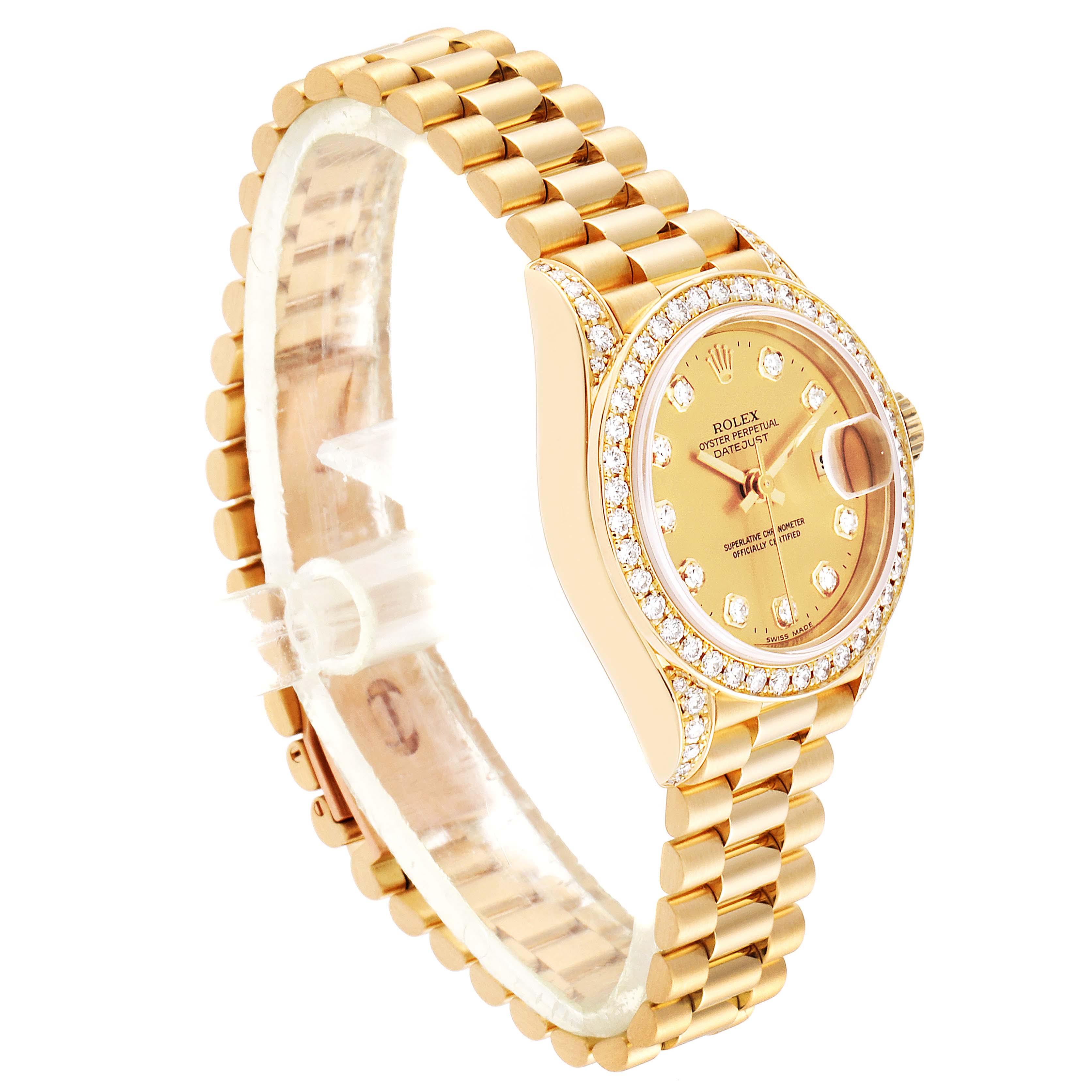 The image shows a side angle of a Rolex President 69158 Women
s Yellow Gold Champagne Dial 69158 Women
s Yellow Gold Champagne Dial model watch, highlighting its gold band, case, and diamond-studded bezel.