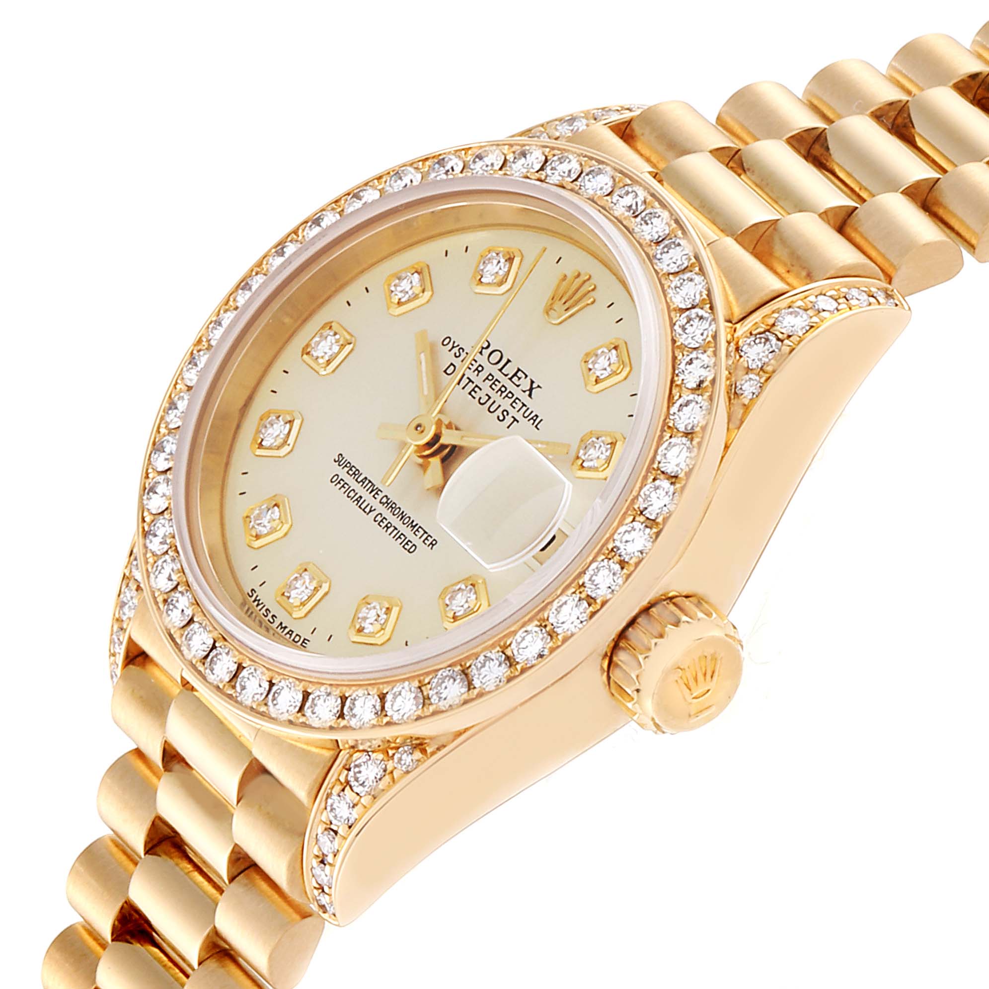 The angled view shows the Rolex President 69238 Women's Yellow Gold Silver Dial 69238 Women's Yellow Gold Silver Dial model's bejeweled watch face, bezel, crown, and part of the bracelet.