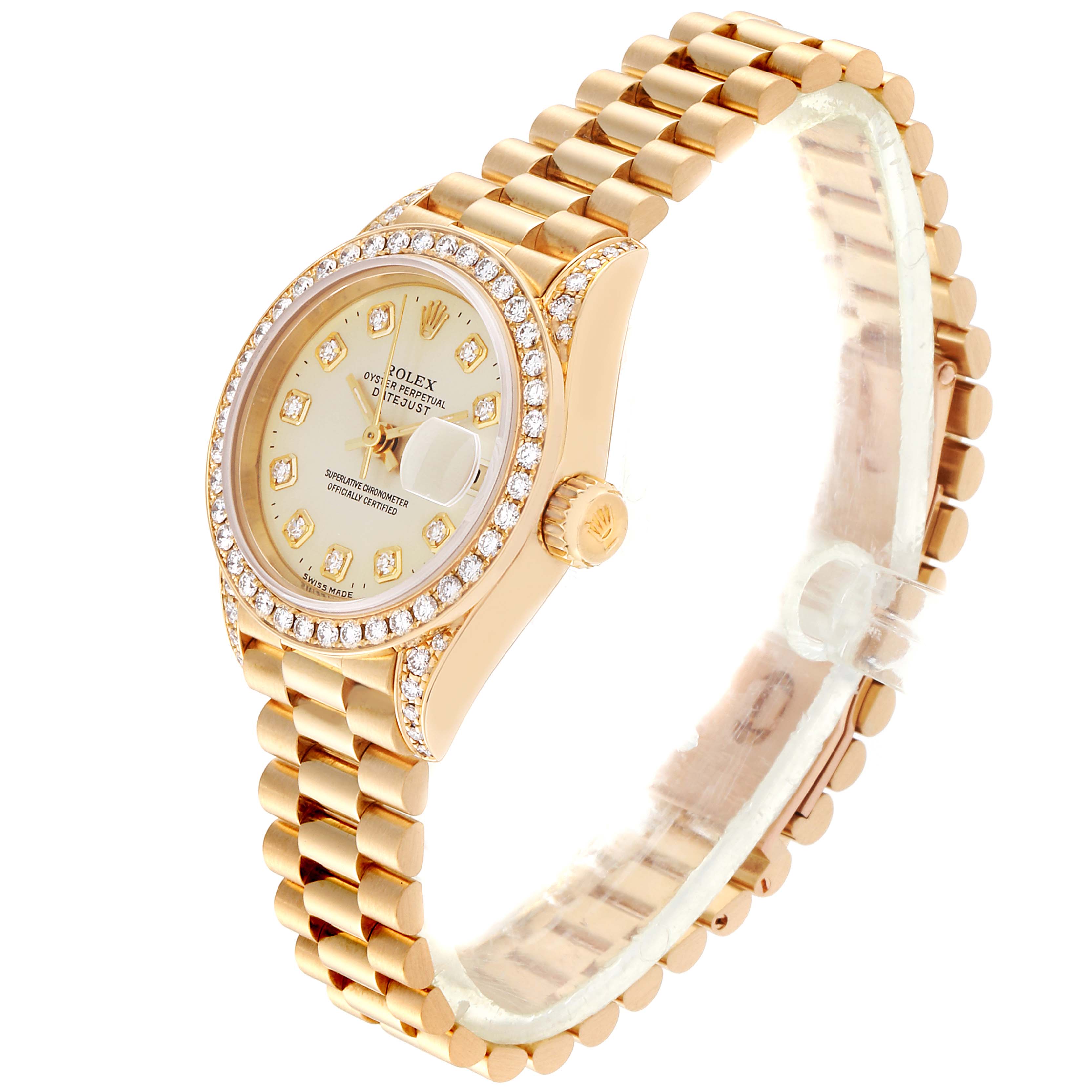 The image shows a side angle of a Rolex President 69238 Women's Yellow Gold Silver Dial 69238 Women's Yellow Gold Silver Dial model watch, highlighting its bracelet, dial, bezel, and crown.
