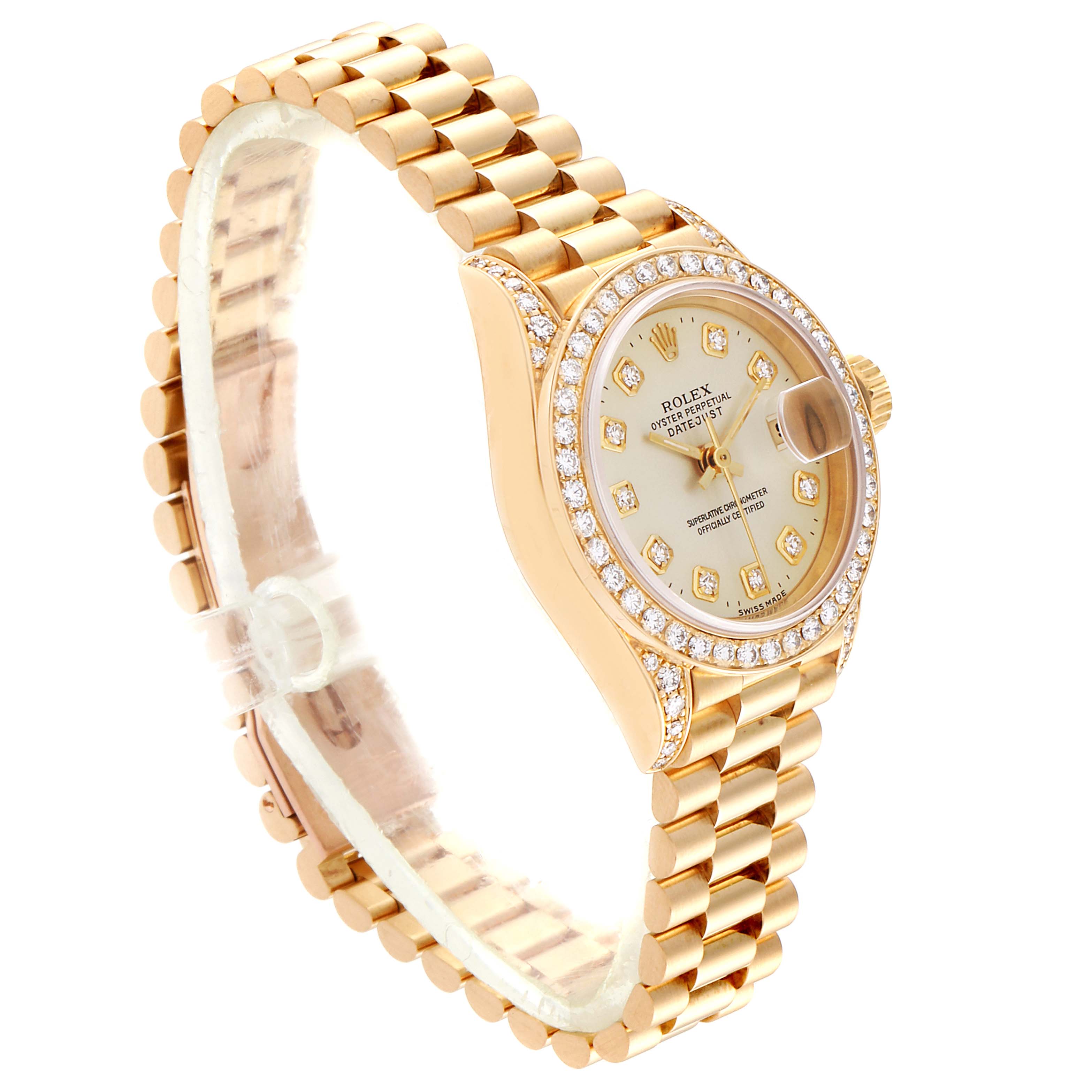 The image shows a Rolex President 69238 Women's Yellow Gold Silver Dial 69238 Women's Yellow Gold Silver Dial model watch from an oblique angle, highlighting the dial, bezel, and bracelet.