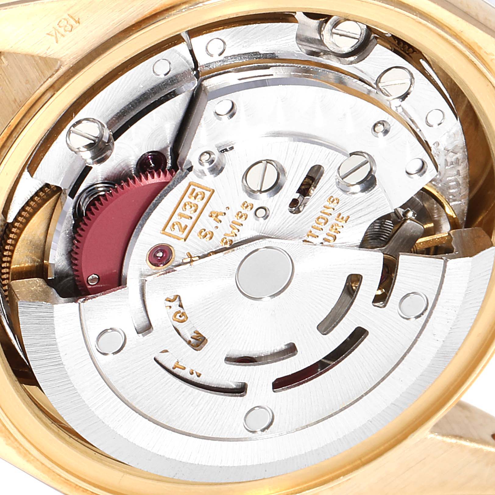 The image shows a close-up view of the movement mechanism of the Rolex President 69238 Women's Yellow Gold Silver Dial 69238 Women's Yellow Gold Silver Dial model watch.