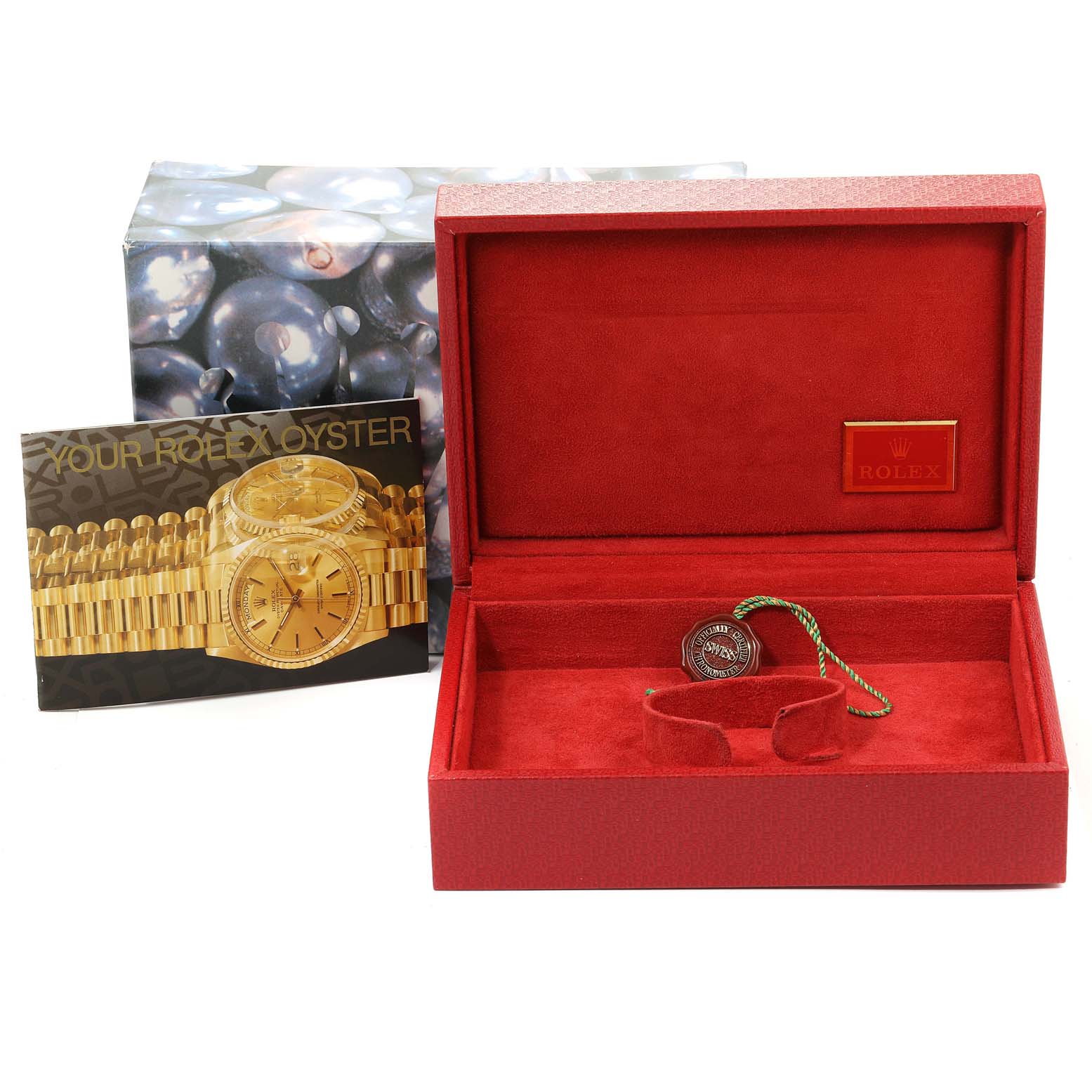 The image shows a red Rolex watch box, a Rolex President 69238 Women's Yellow Gold Silver Dial 69238 Women's Yellow Gold Silver Dial model booklet, and a green Rolex tag with a seal.