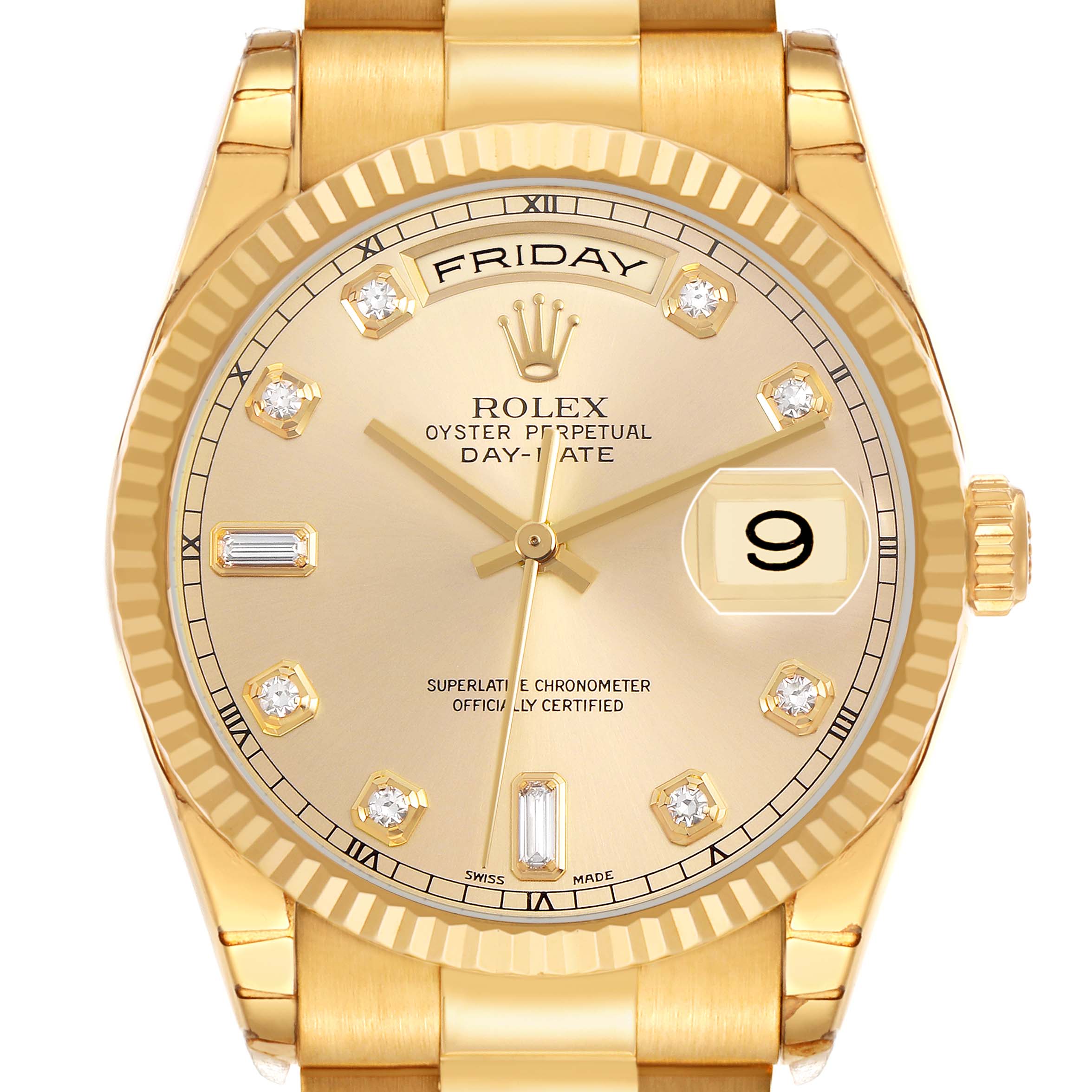 The Rolex President 118238 Men's Yellow Gold Champagne Dial model is shown from the front, displaying the dial, day, date window, and bezel.