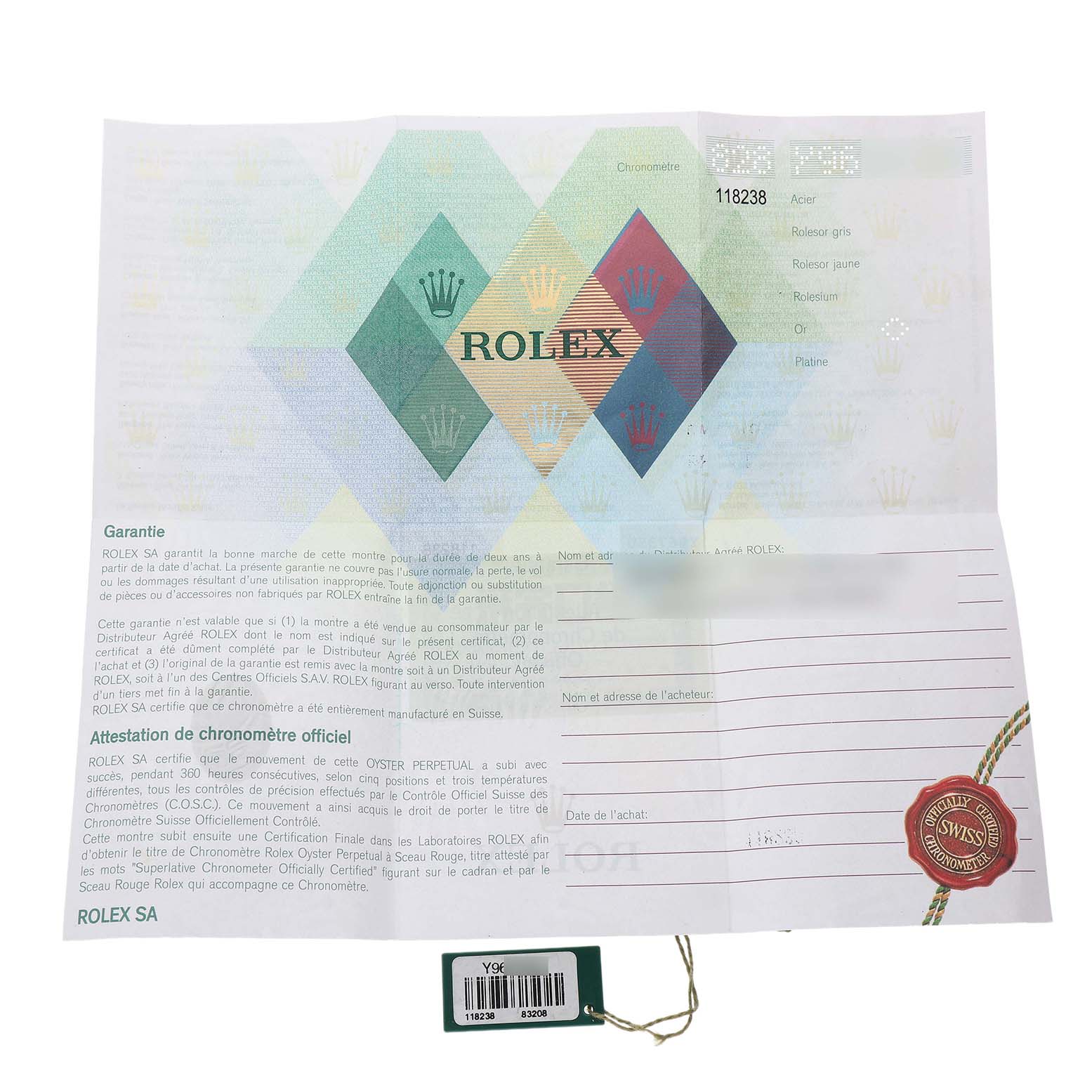 The image shows a Rolex President 118238 Men's Yellow Gold Champagne Dial model guarantee paper and a green tag with the model number.
