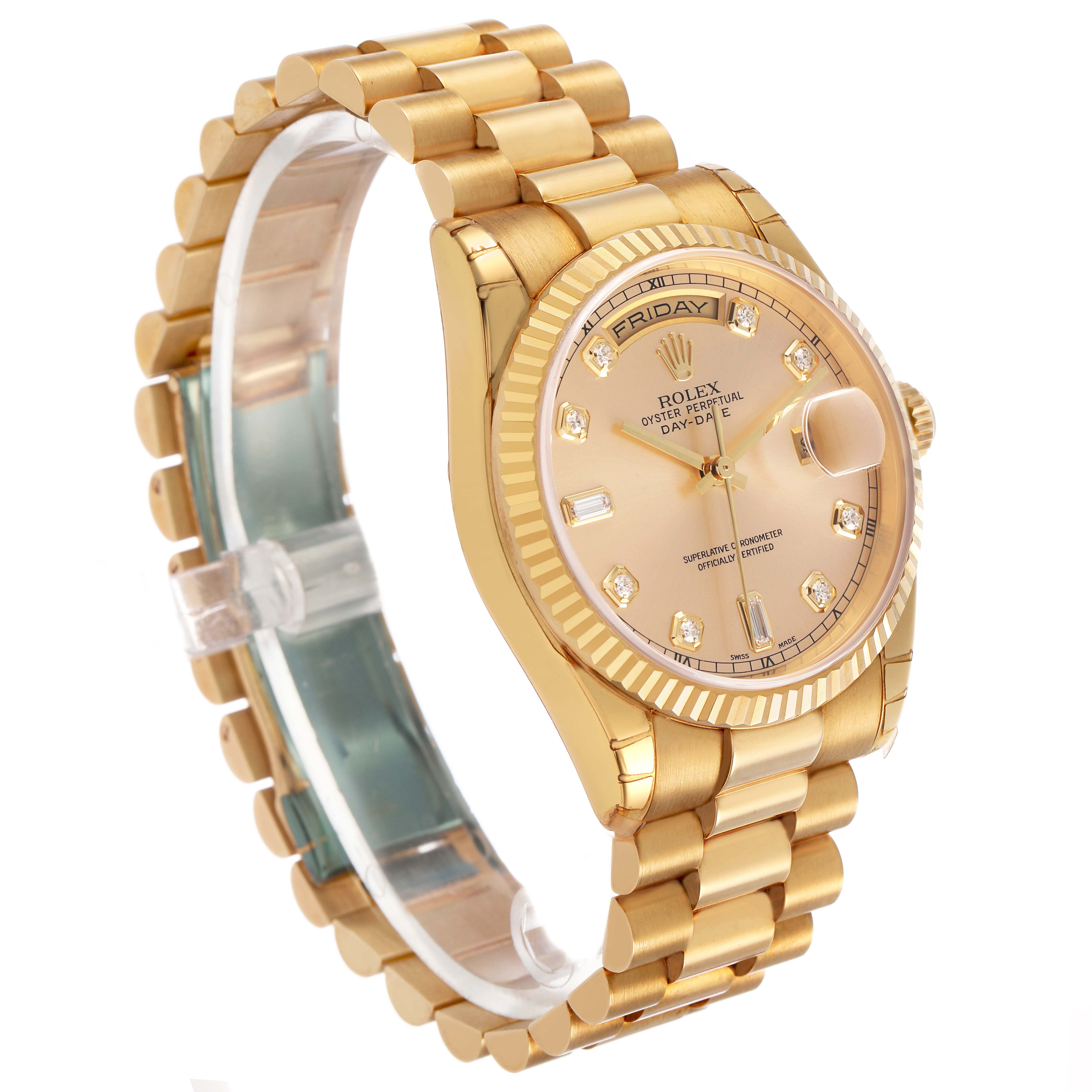 The Rolex President 118238 Men's Yellow Gold Champagne Dial model watch is shown at a slight angle, highlighting the gold bracelet, fluted bezel, and dial with diamond markers.