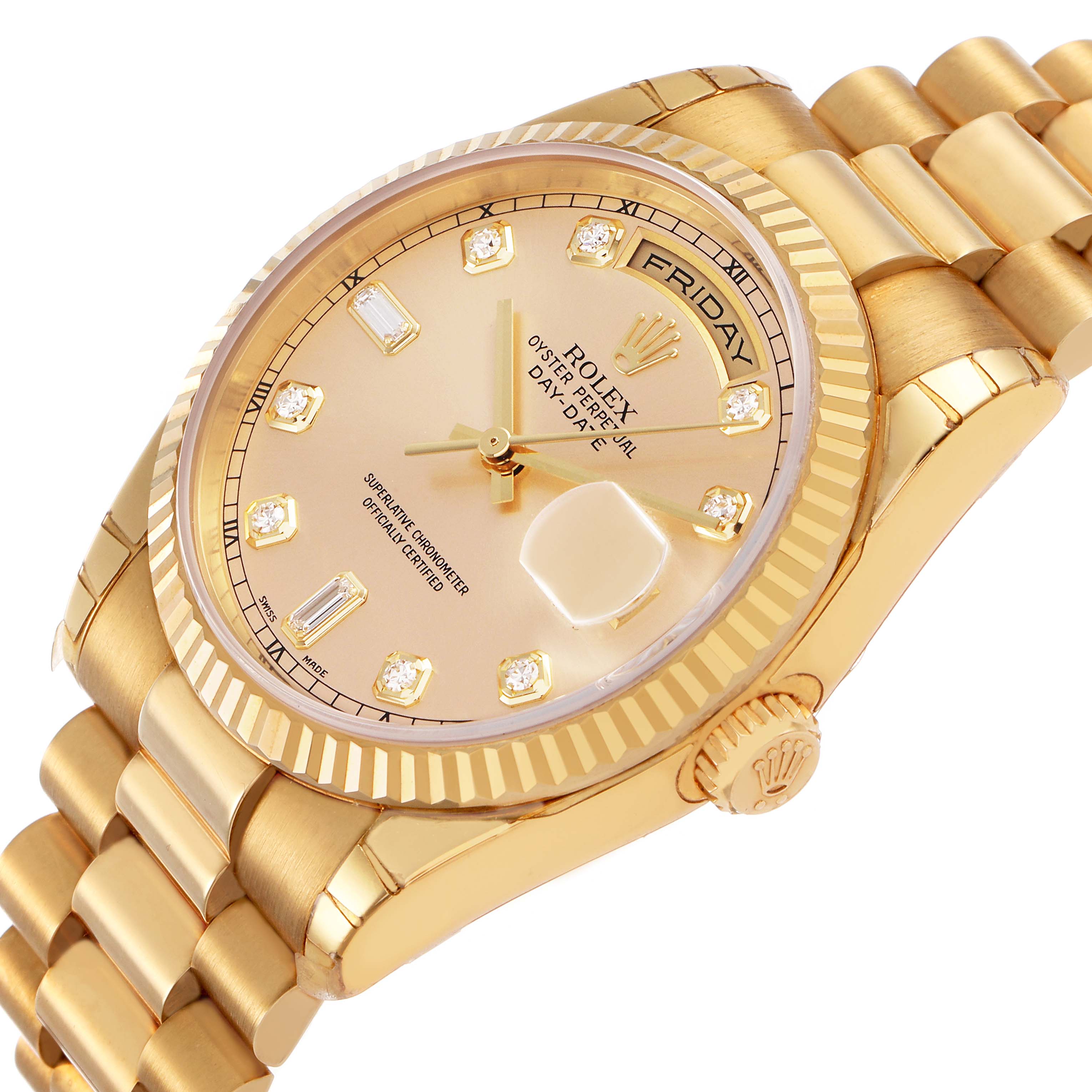 The Rolex President 118238 Men's Yellow Gold Champagne Dial watch is shown at a slight angle, highlighting the gold case, fluted bezel, diamond markers, and bracelet.