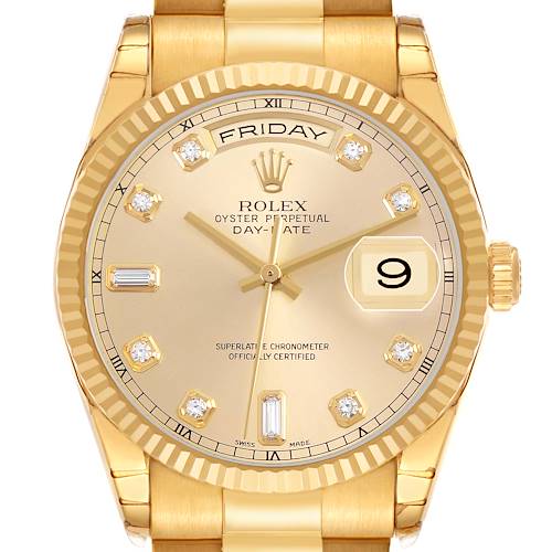 The Rolex President 118238 Men's Yellow Gold Champagne Dial watch is shown from the front, highlighting the dial, day and date display, and gold bracelet.