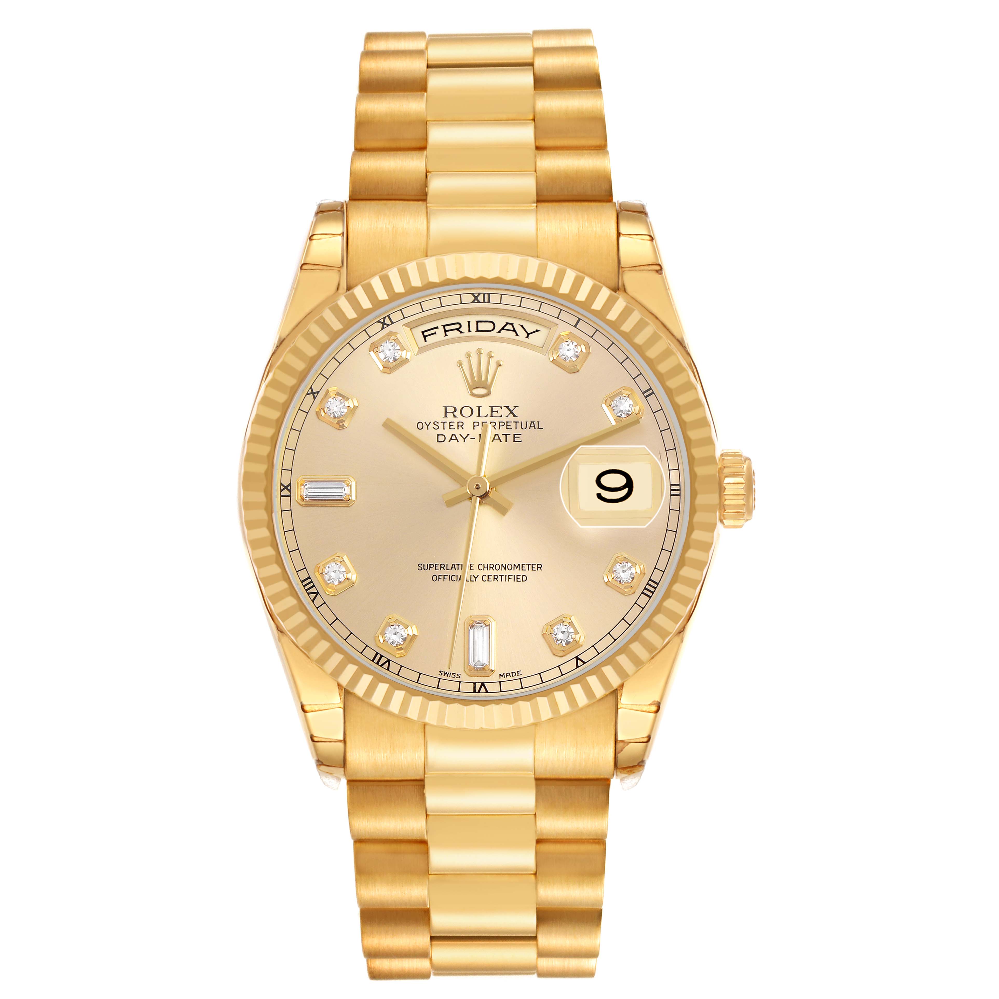 The Rolex President 118238 Men's Yellow Gold Champagne Dial model is shown from a front angle, displaying the dial, bezel, day and date windows, and bracelet.
