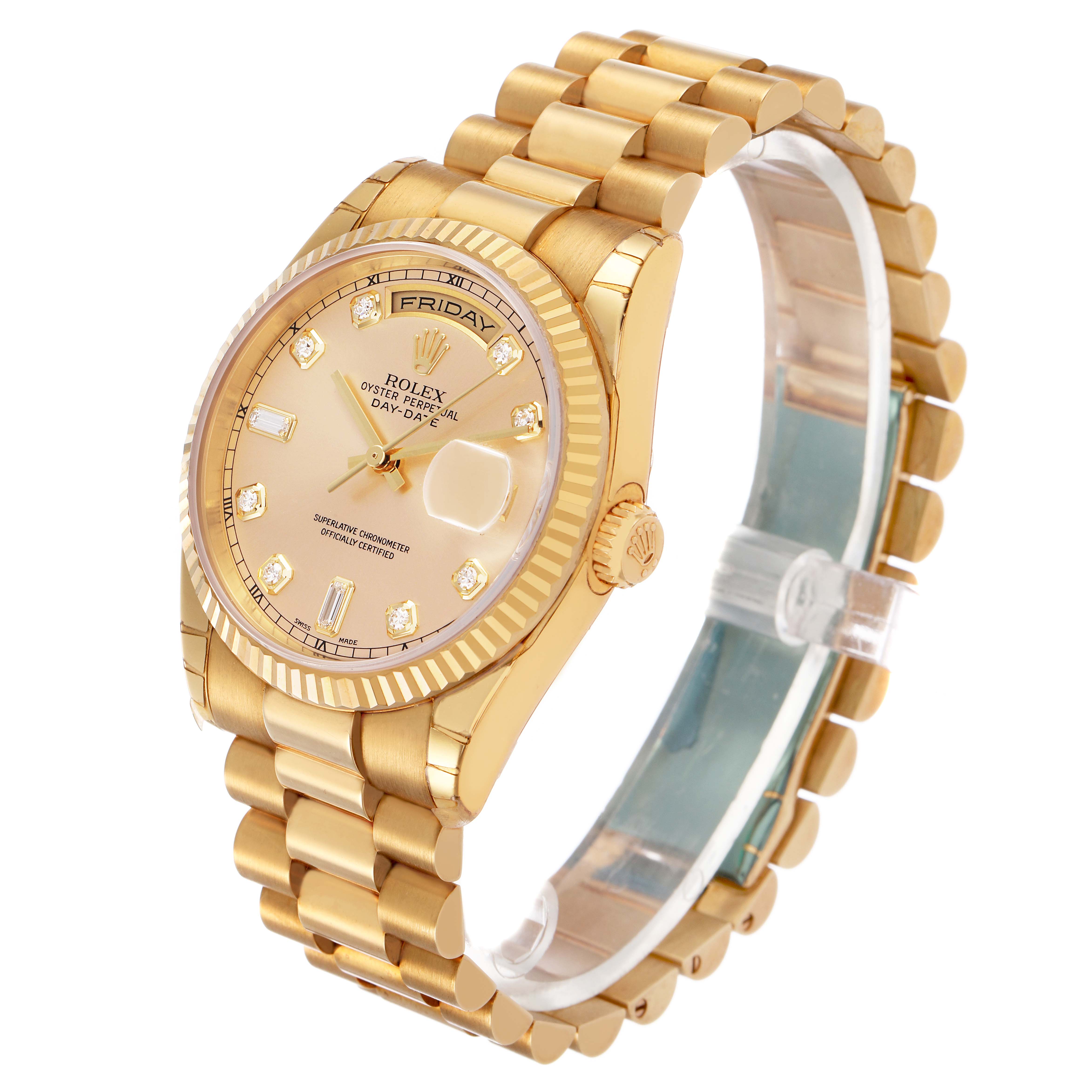 The image shows a Rolex President 118238 Men's Yellow Gold Champagne Dial watch at a three-quarter angle, highlighting the face, bezel, crown, and bracelet.