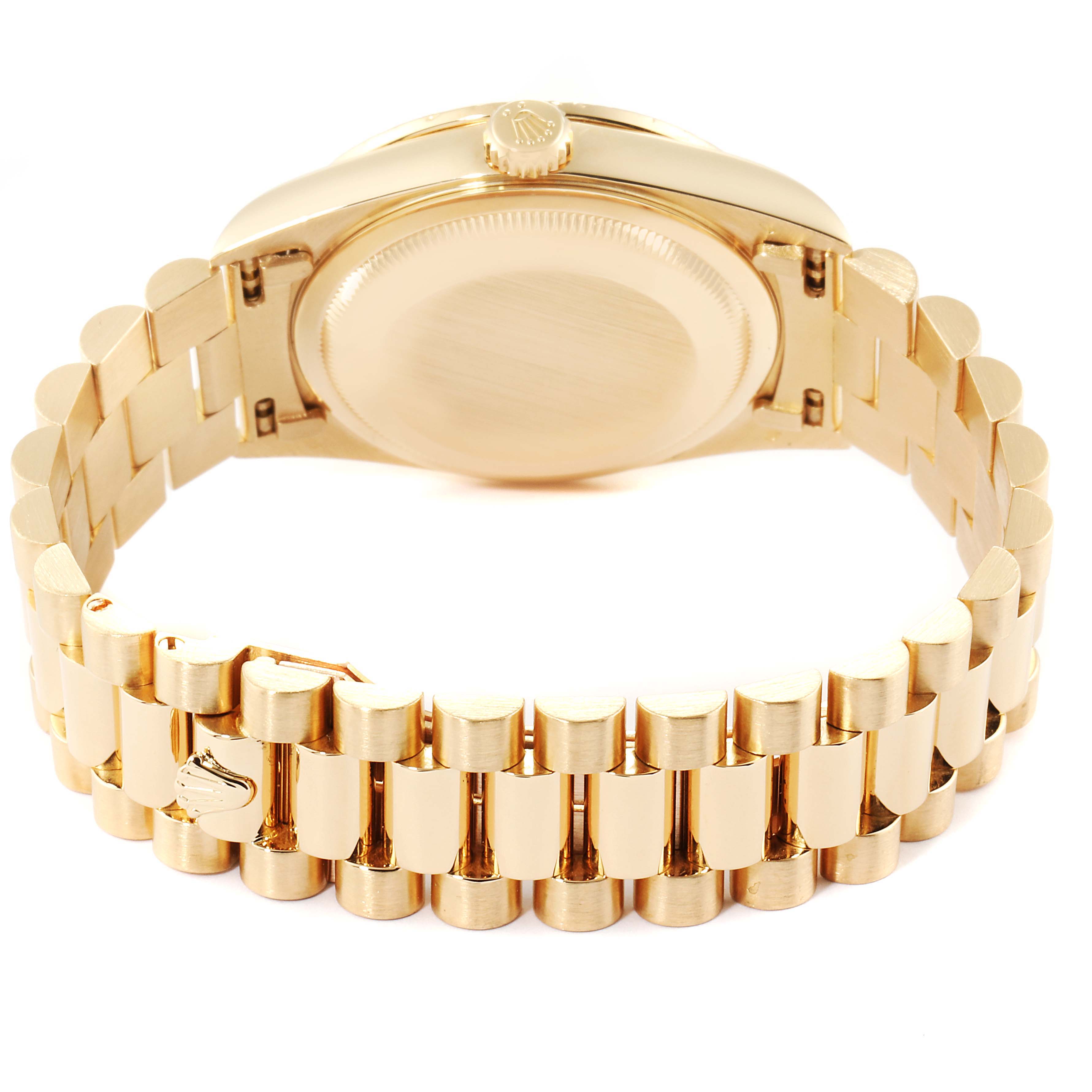 The image shows the back view of a Rolex President 18348 Men's Yellow Gold Champagne Dial 18348 Men's Yellow Gold Champagne Dial model watch, highlighting the case back, crown, and bracelet.