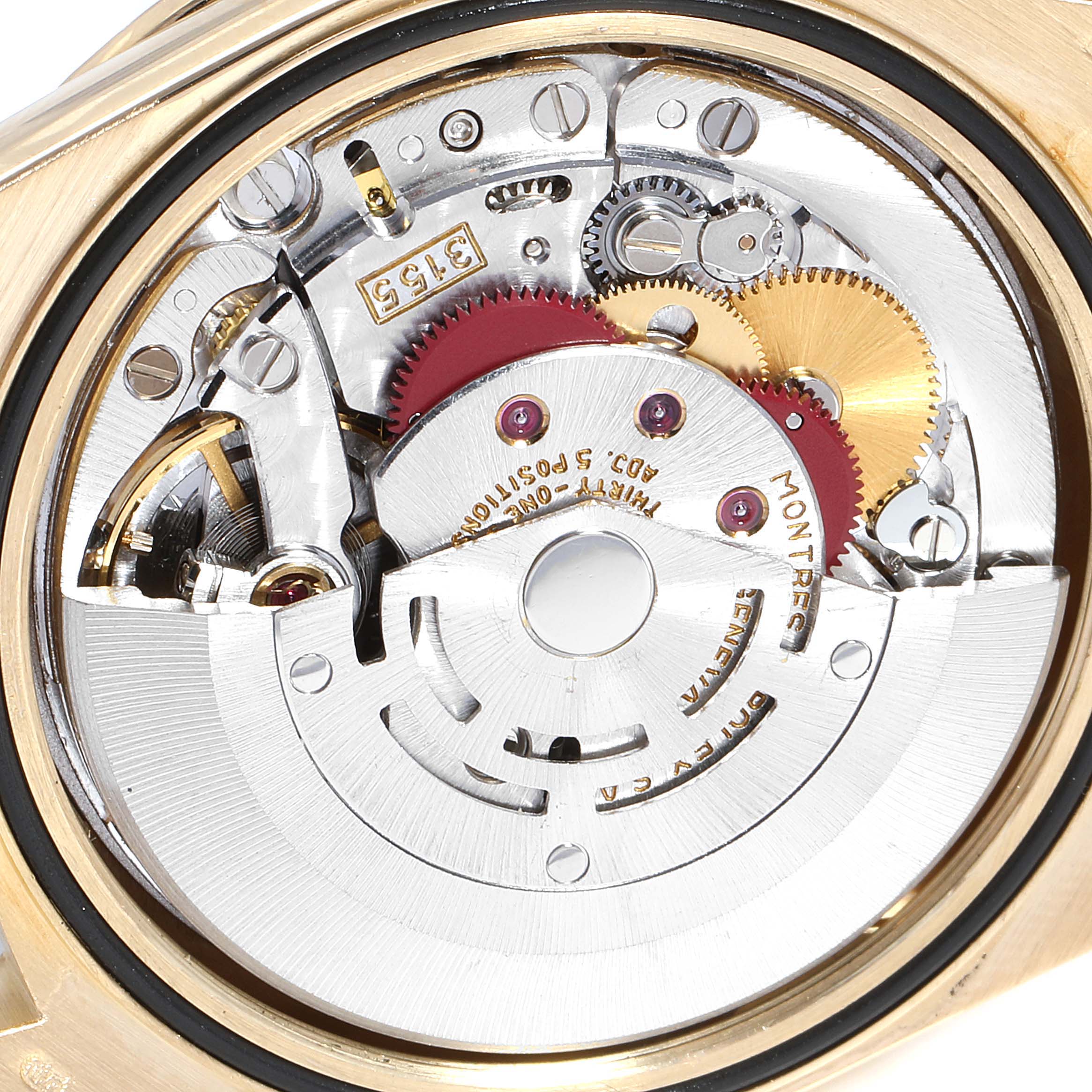 The image shows the internal mechanical movement of a Rolex President 18348 Men's Yellow Gold Champagne Dial 18348 Men's Yellow Gold Champagne Dial model watch viewed from the back.