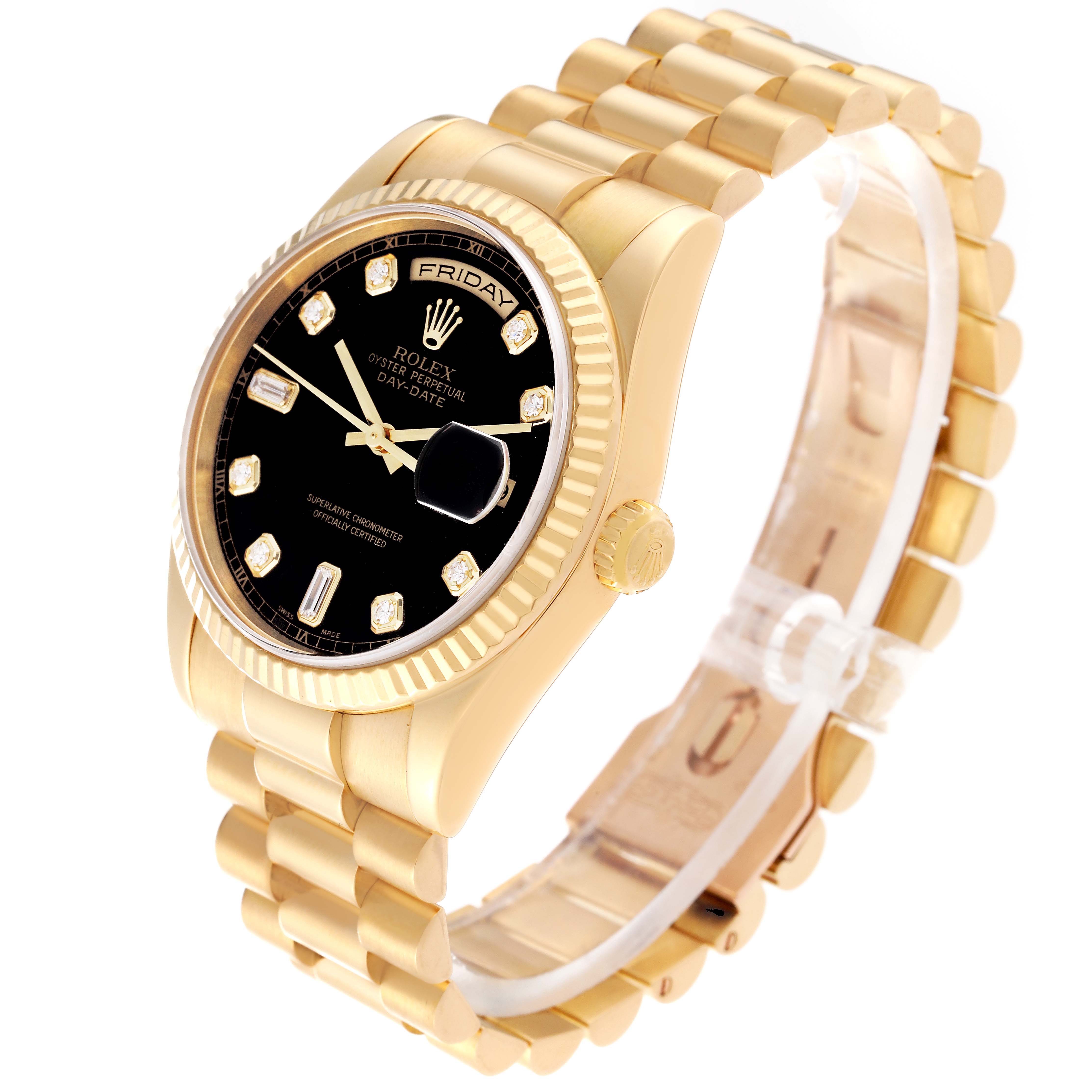 This image shows a Rolex President 118238 Men's Yellow Gold Black Dial 118238 Men's Yellow Gold Black Dial model watch at a three-quarter angle, highlighting the black dial, gold case, and band.