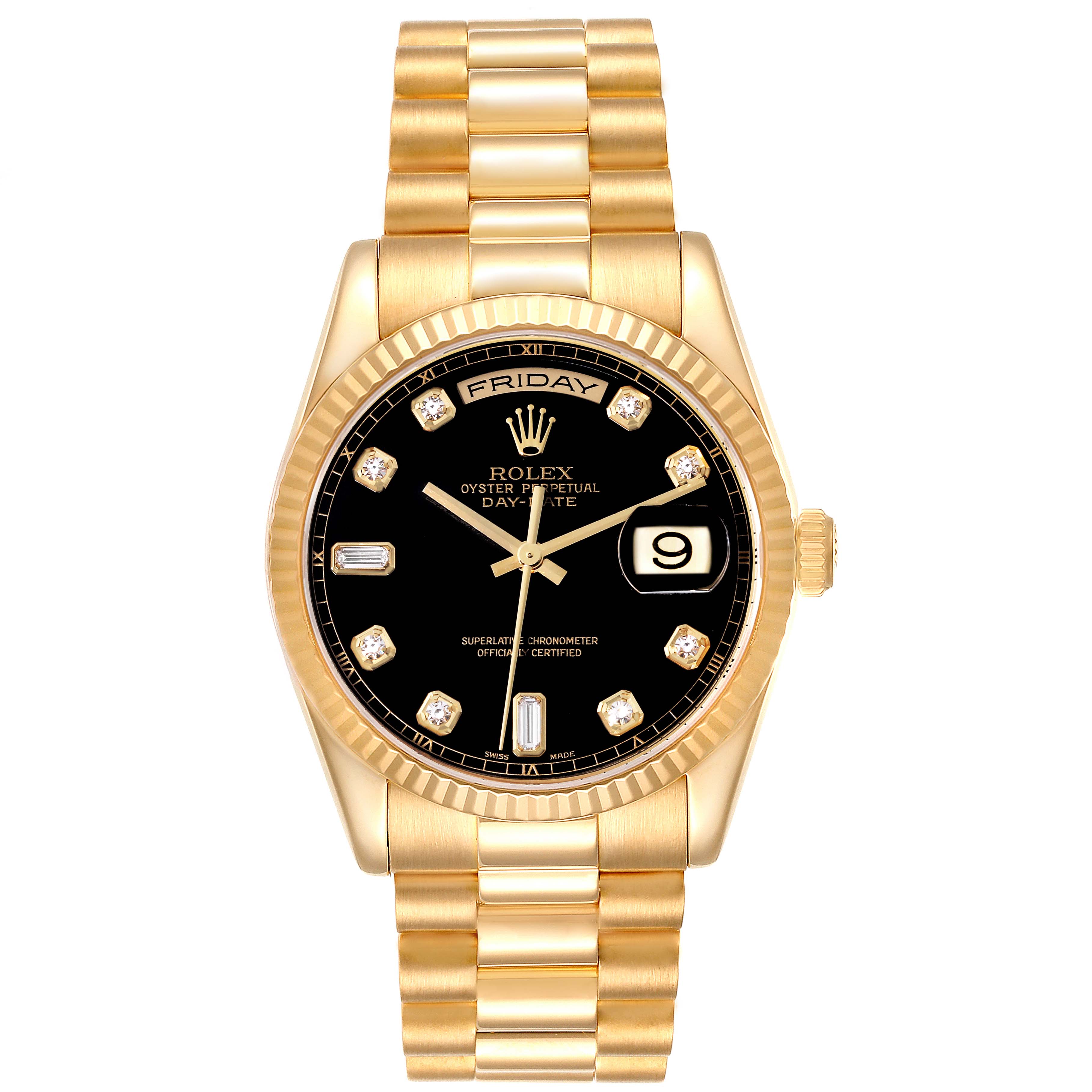 This image shows a front view of a Rolex President 118238 Men's Yellow Gold Black Dial 118238 Men's Yellow Gold Black Dial model watch, highlighting its black dial, day-date display, and gold bracelet.