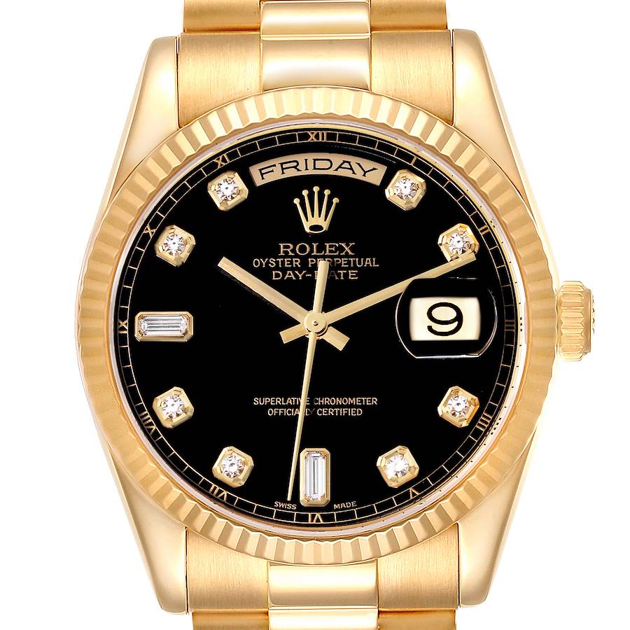 Rolex President Day Date Yellow Gold Black Diamond Dial Mens Watch 118238 SwissWatchExpo