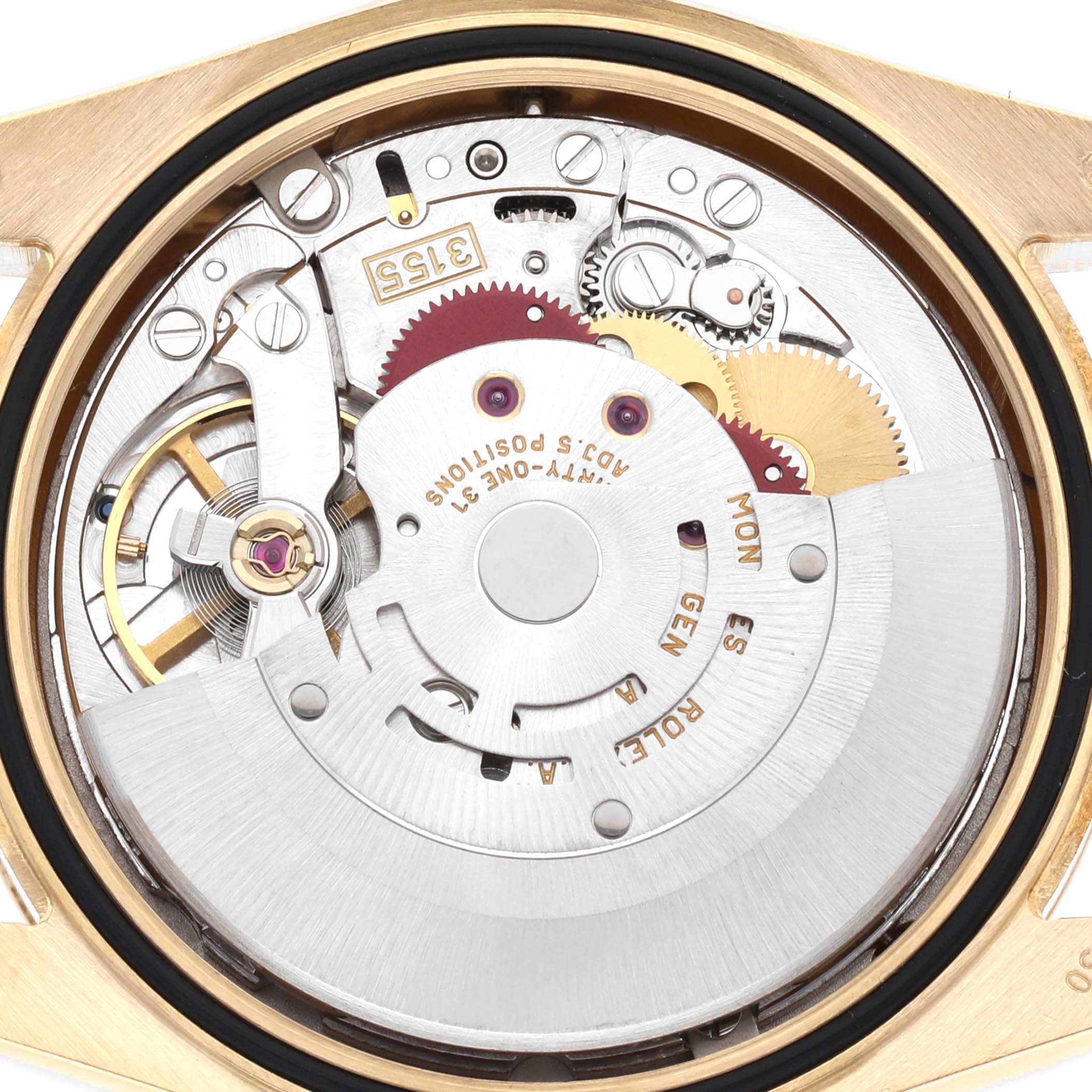 This is an internal view of the Rolex President 118238 Men's Yellow Gold Black Dial 118238 Men's Yellow Gold Black Dial model watch, showcasing its mechanical movement parts.