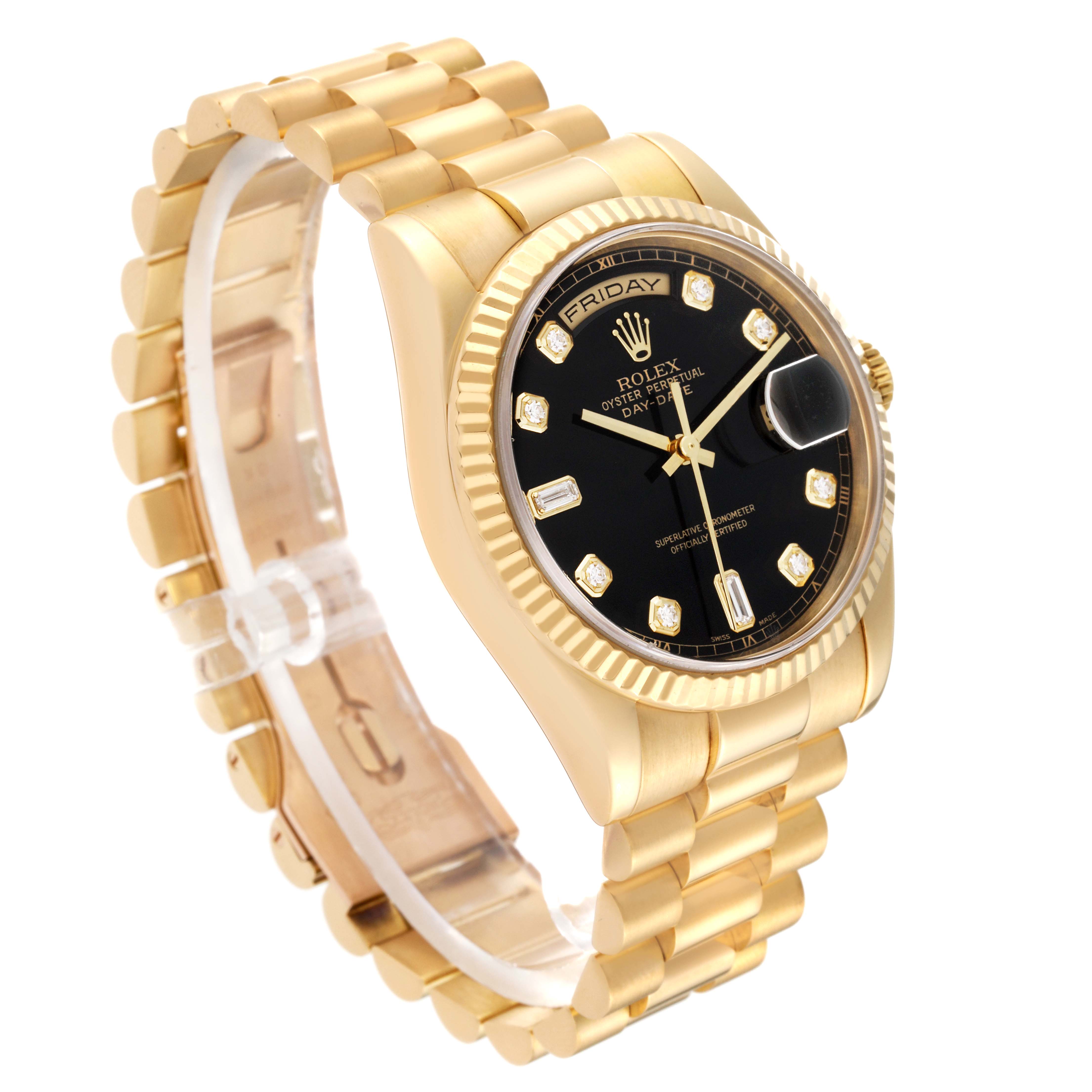 This image displays a Rolex President 118238 Men's Yellow Gold Black Dial 118238 Men's Yellow Gold Black Dial model watch at a slight angle, showcasing its gold bracelet, black dial, and fluted bezel.