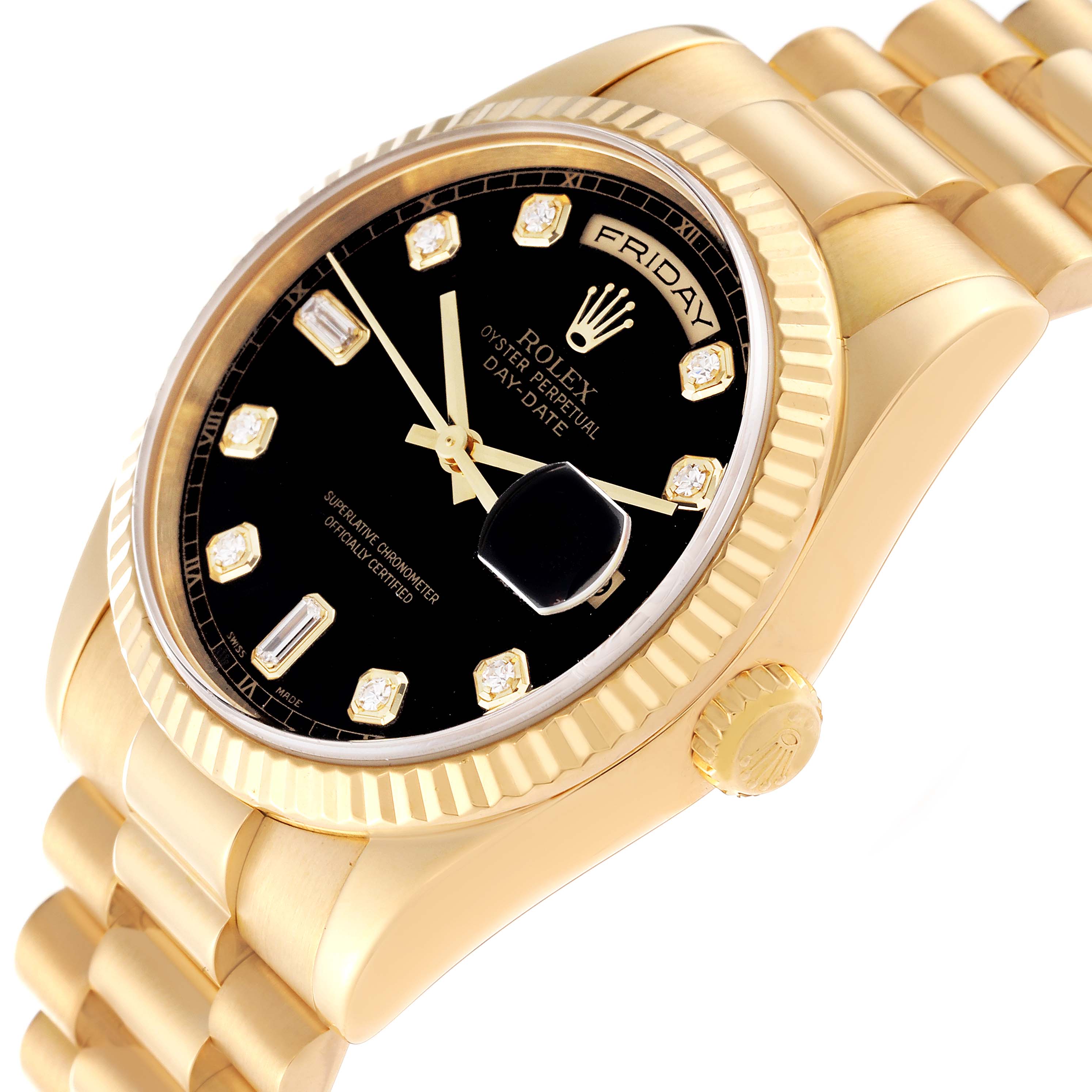 This image shows a close-up angled view of the face, bezel, crown, and part of the bracelet of the Rolex President 118238 Men's Yellow Gold Black Dial 118238 Men's Yellow Gold Black Dial model watch.