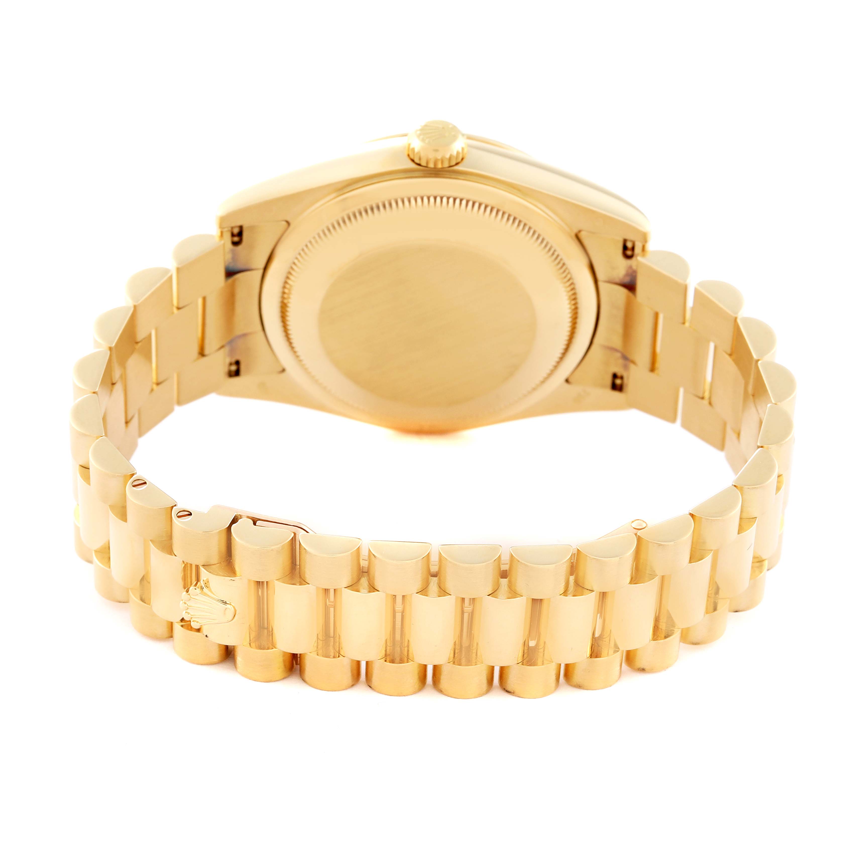 The image shows the back case and bracelet of a gold Rolex President 118238 Men's Yellow Gold Black Dial 118238 Men's Yellow Gold Black Dial model watch, viewed from a rear angle.