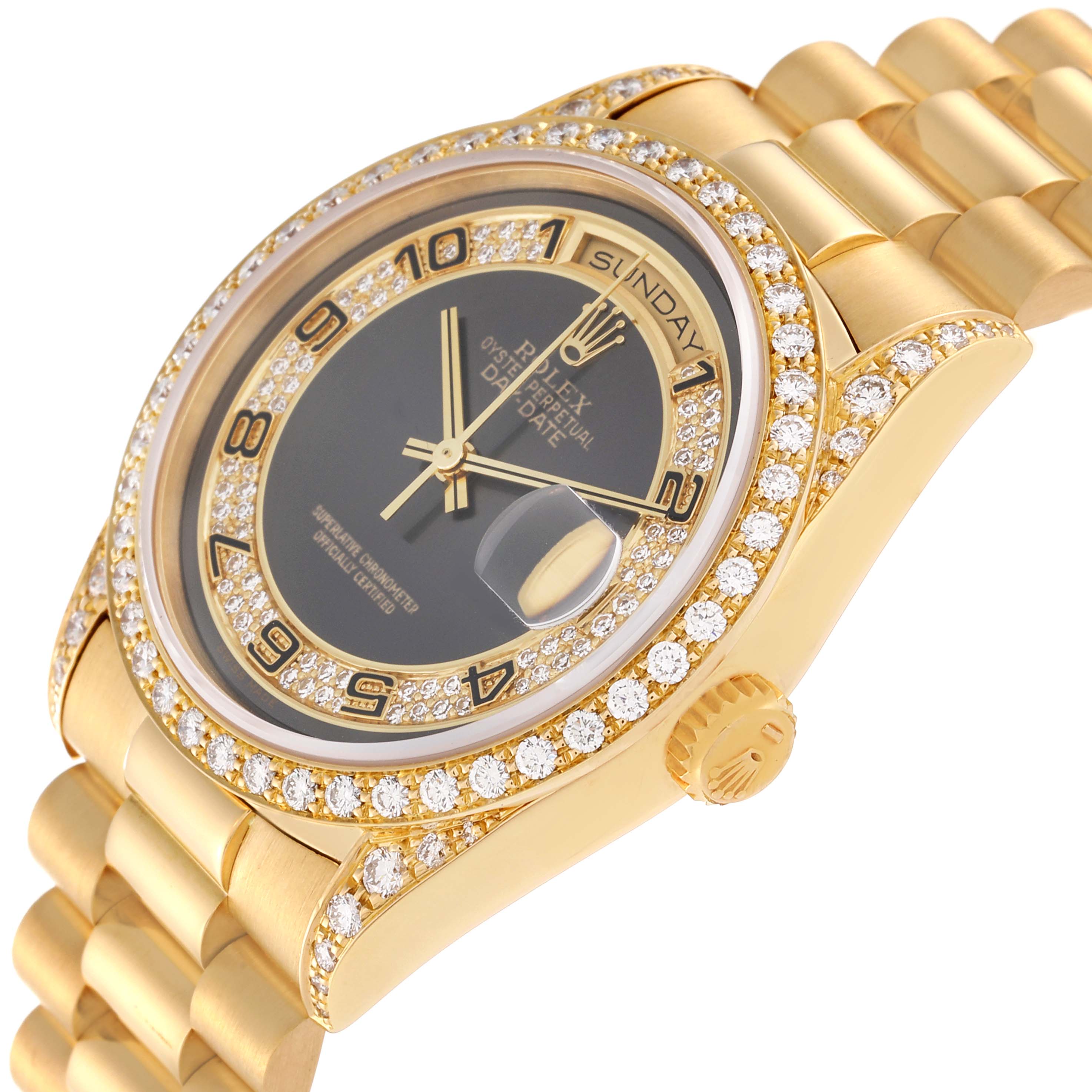 The image shows a close-up angled view of a Rolex President 18388 Men
s Yellow Gold Grey Dial 18388 Men
s Yellow Gold Grey Dial watch, highlighting its diamond-studded bezel, black dial, and gold bracelet.