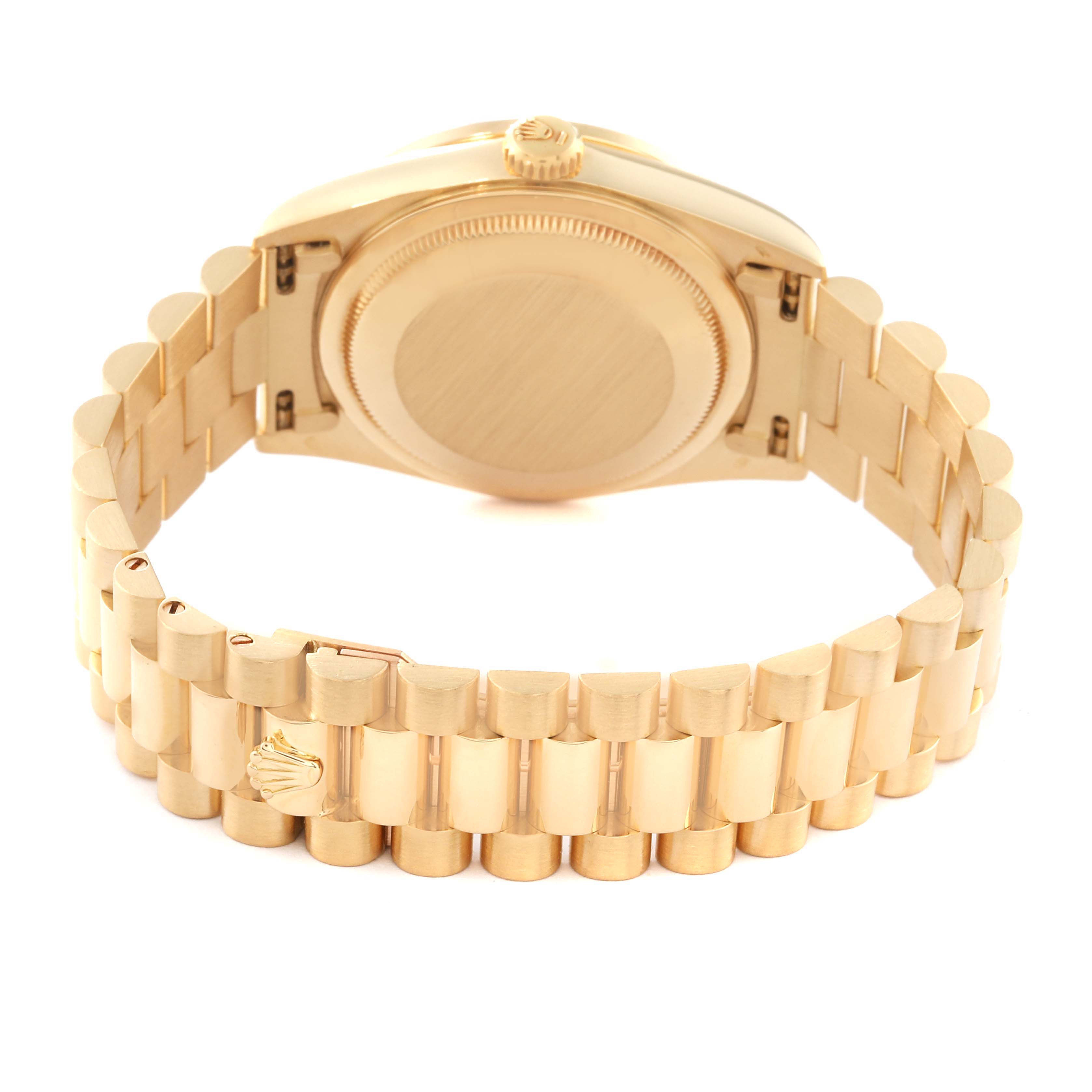 This image shows the back view of a Rolex President 18388 Men
s Yellow Gold Grey Dial 18388 Men
s Yellow Gold Grey Dial model watch, highlighting its bracelet and case back.