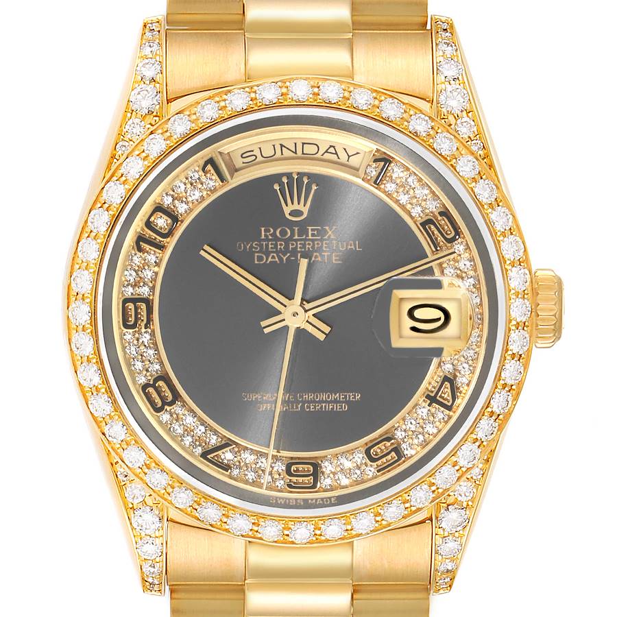 Rolex President Day Date Yellow Gold Myriad Diamond Mens Watch 18388 SwissWatchExpo