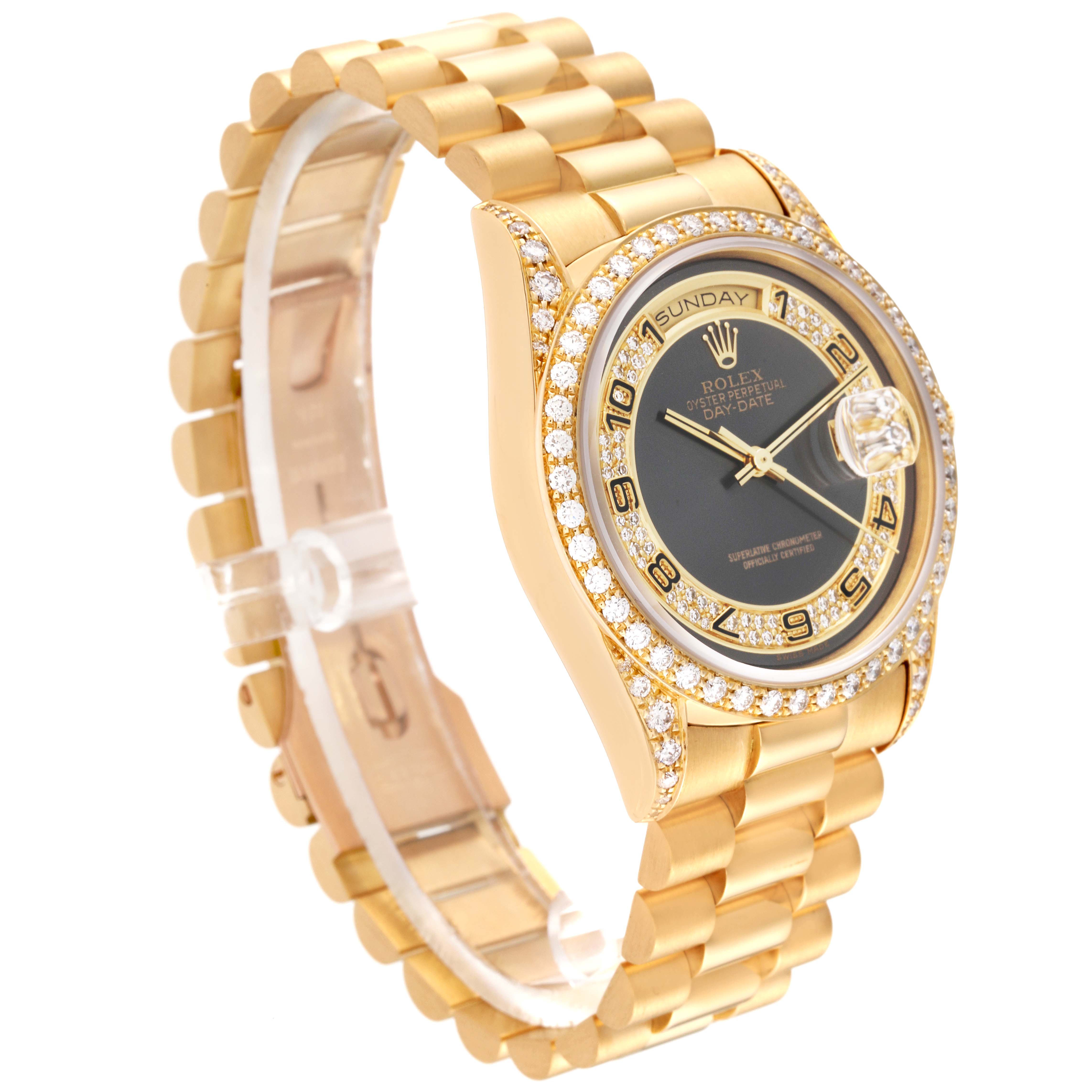 This image shows a side angle of the Rolex President 18388 Men
s Yellow Gold Grey Dial 18388 Men
s Yellow Gold Grey Dial model, displaying its gold bracelet, diamond bezel, and black dial.