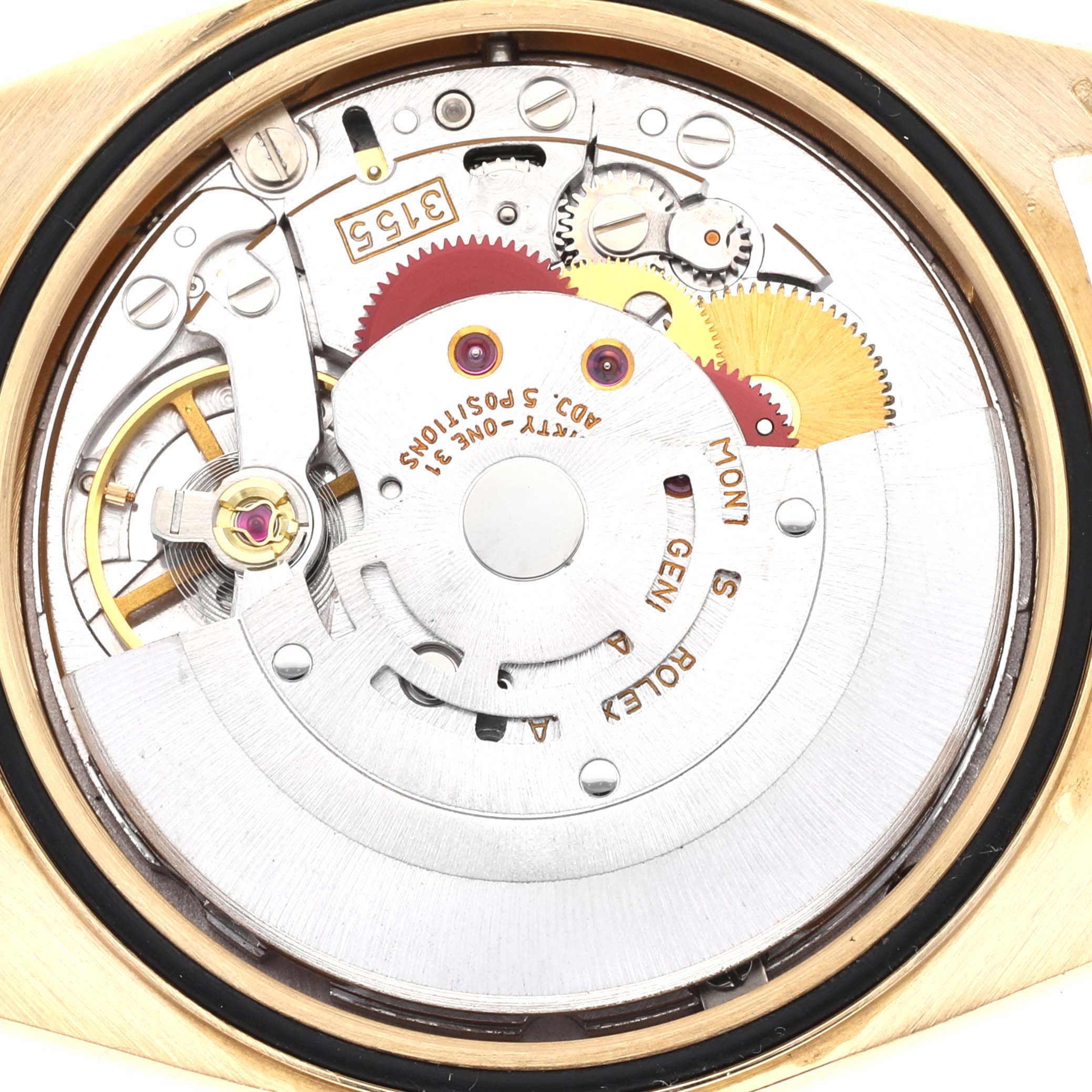 The image shows the internal mechanical components of a Rolex President 18388 Men
s Yellow Gold Grey Dial 18388 Men
s Yellow Gold Grey Dial model watch from a top-down angle.