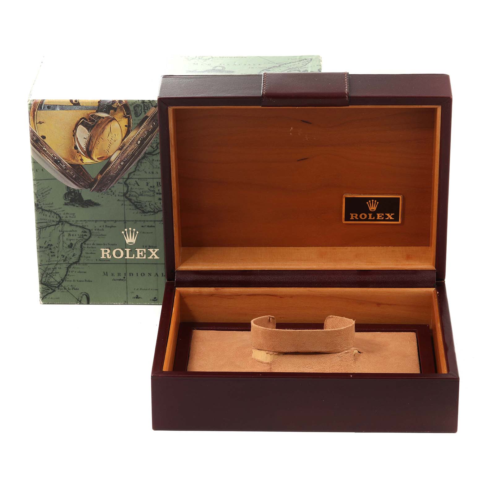 This image shows the open box and packaging for a Rolex President 18388 Men
s Yellow Gold Grey Dial 18388 Men
s Yellow Gold Grey Dial model watch with the branded interior and exterior.