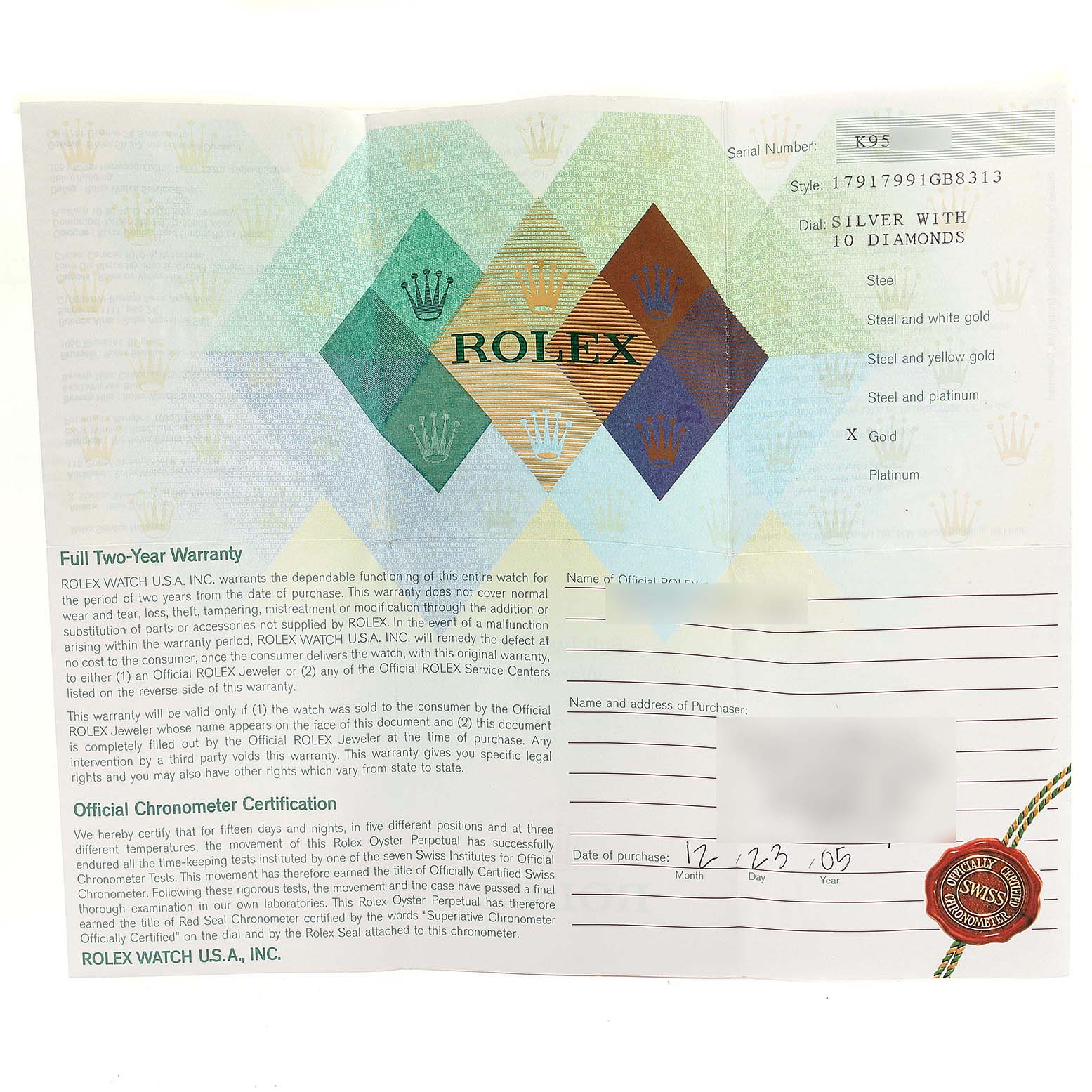 The image shows the warranty and certification paperwork for a Rolex President 179179 Women
s White Gold Silver Dial 179179 Women
s White Gold Silver Dial model watch.