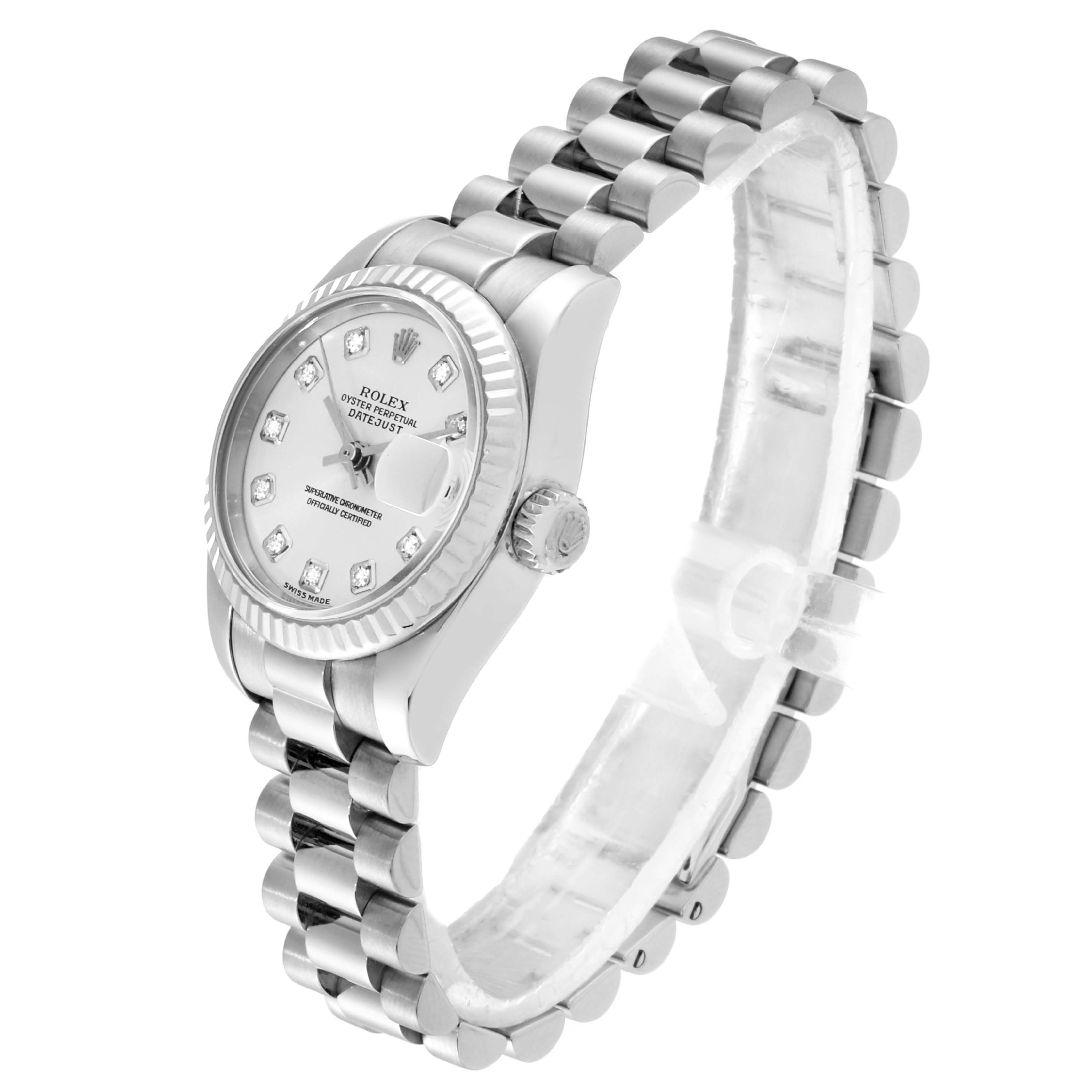 The Rolex President 179179 Women
s White Gold Silver Dial 179179 Women
s White Gold Silver Dial model watch is shown at a three-quarter angle, highlighting the face, bezel, and bracelet.