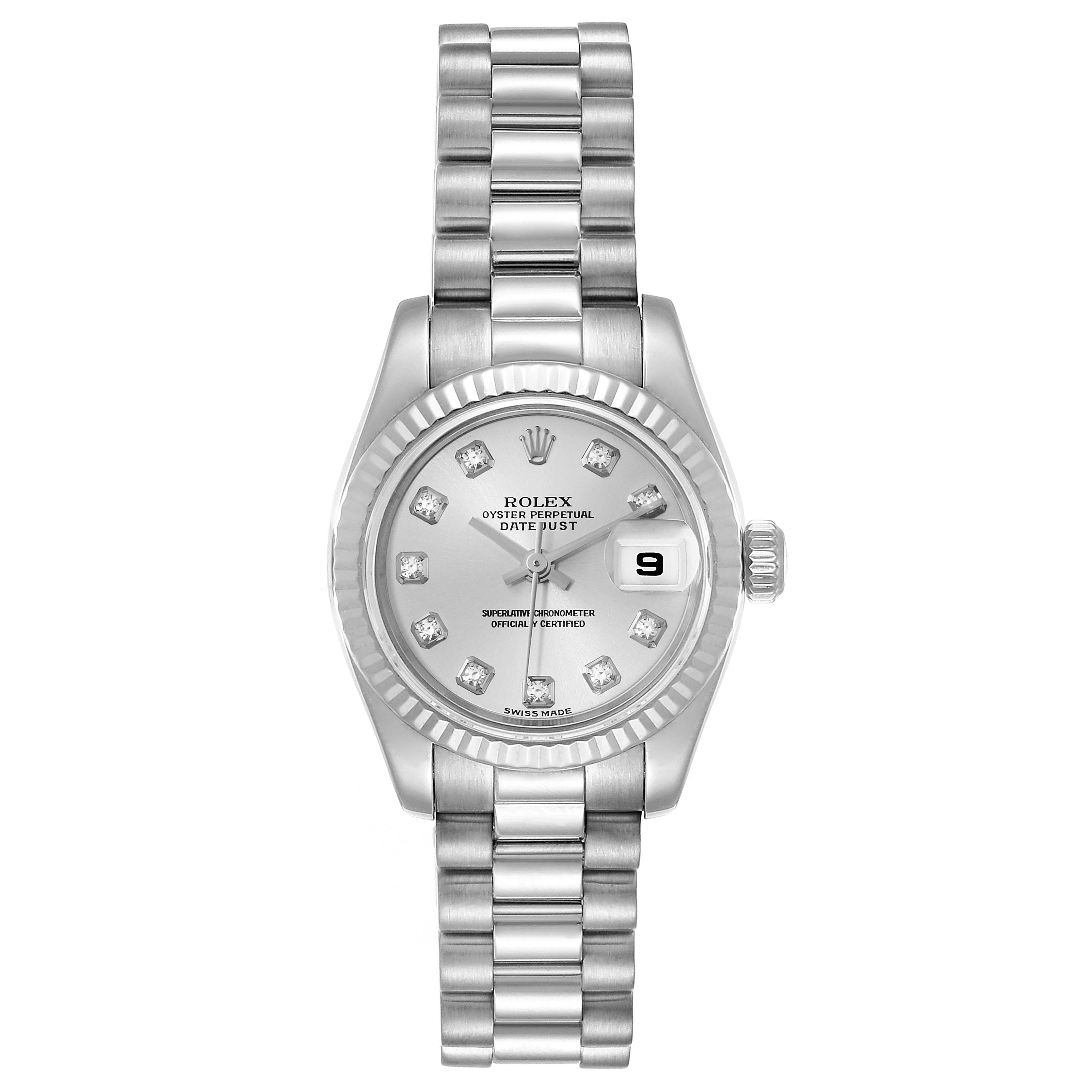 The image shows a front view of the Rolex President 179179 Women
s White Gold Silver Dial 179179 Women
s White Gold Silver Dial watch, highlighting the dial, bezel, bracelet, and date window.
