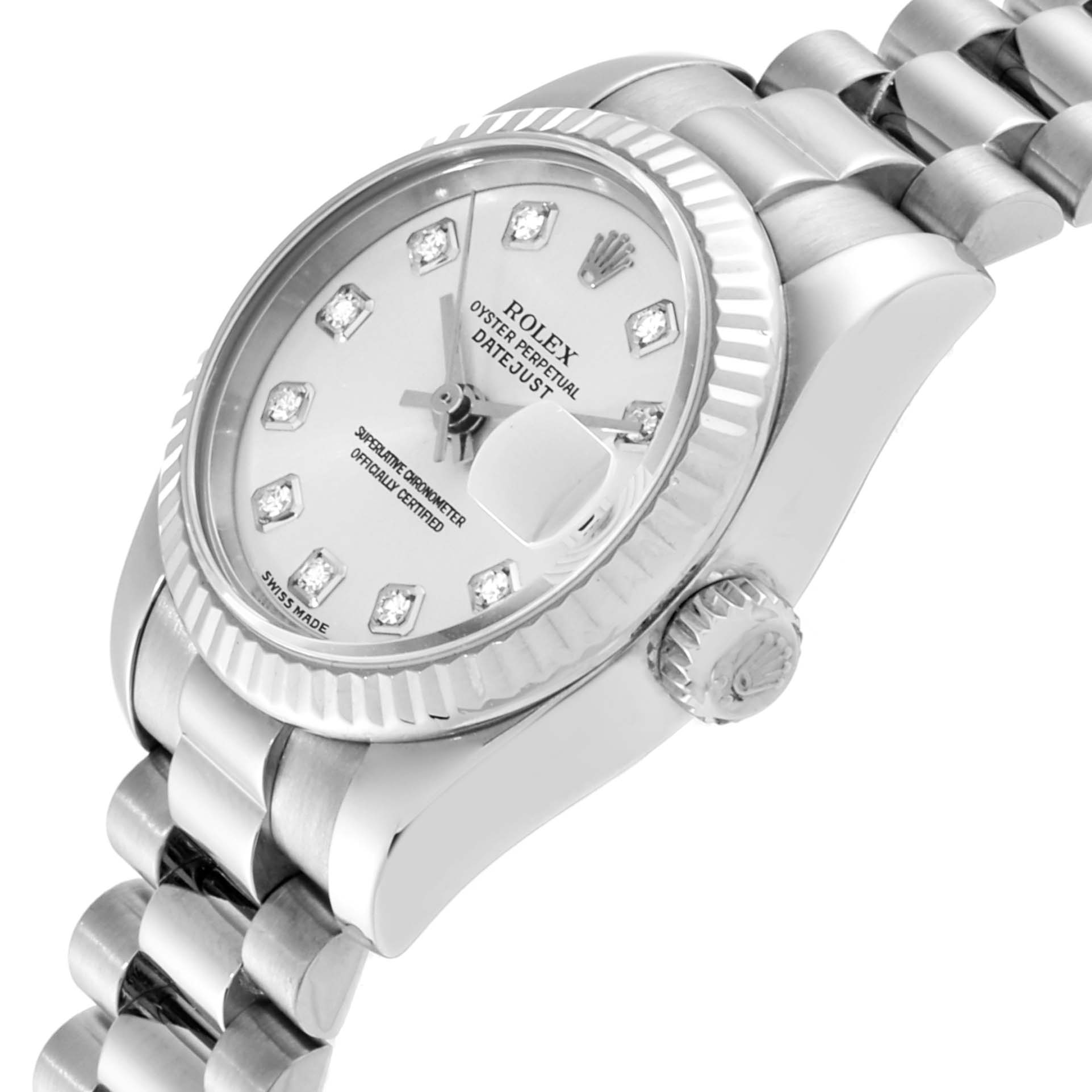 The image shows a top-side angle of the Rolex President 179179 Women
s White Gold Silver Dial 179179 Women
s White Gold Silver Dial model watch, highlighting its face, bezel, crown, and part of the bracelet.