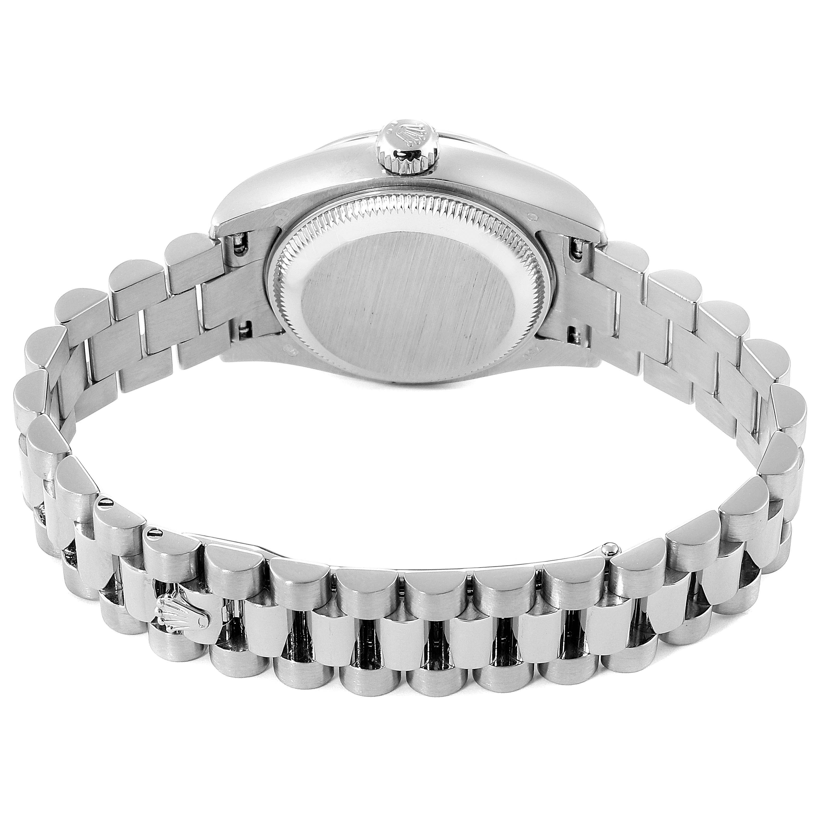 The image shows the back of a Rolex President 179179 Women
s White Gold Silver Dial 179179 Women
s White Gold Silver Dial model watch, highlighting the clasp and bracelet.