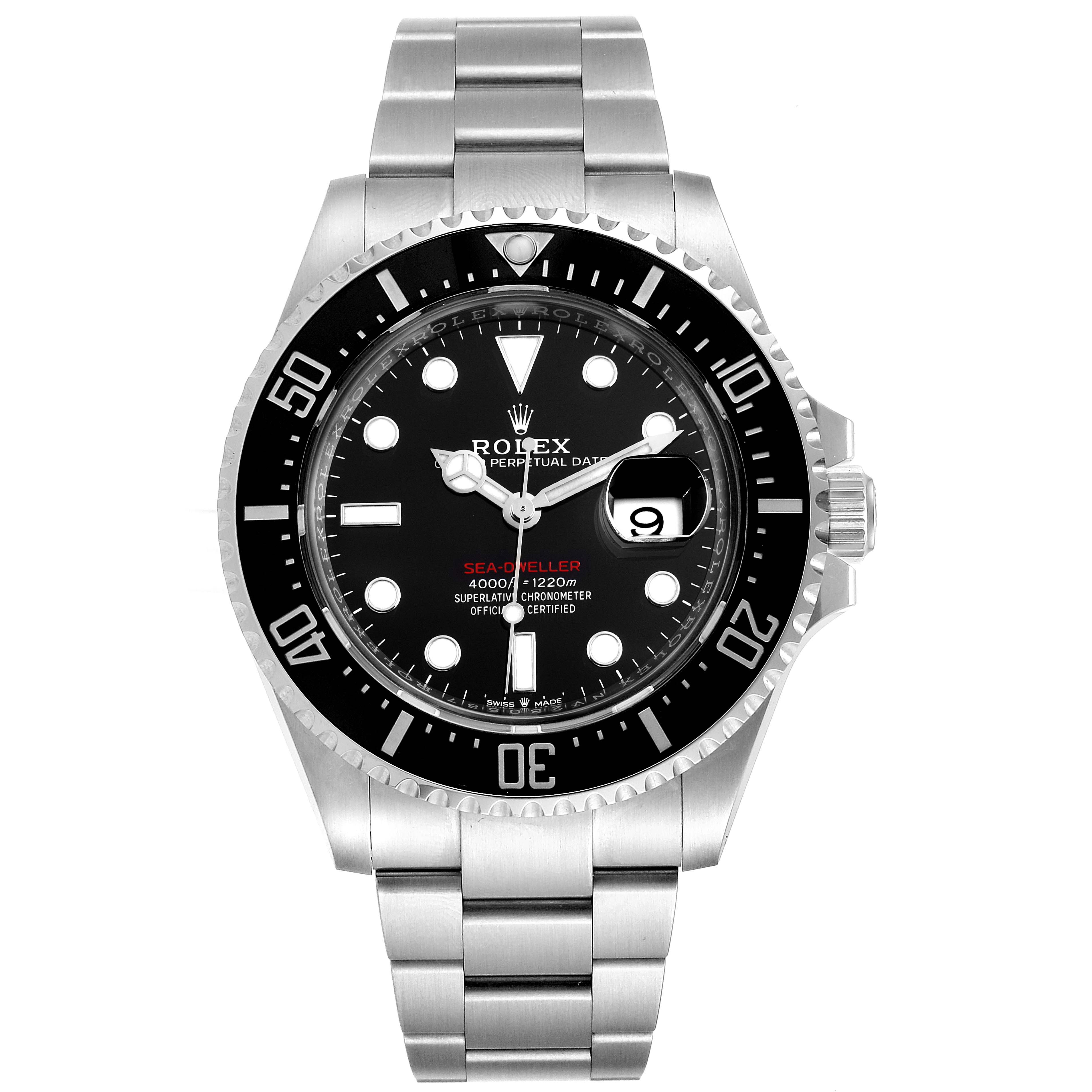 The image shows a front view of a Rolex Sea-Dweller 126600 Men
s Stainless Steel Black Dial 126600 Men
s Stainless Steel Black Dial watch, highlighting its dial, bezel, bracelet, and crown.