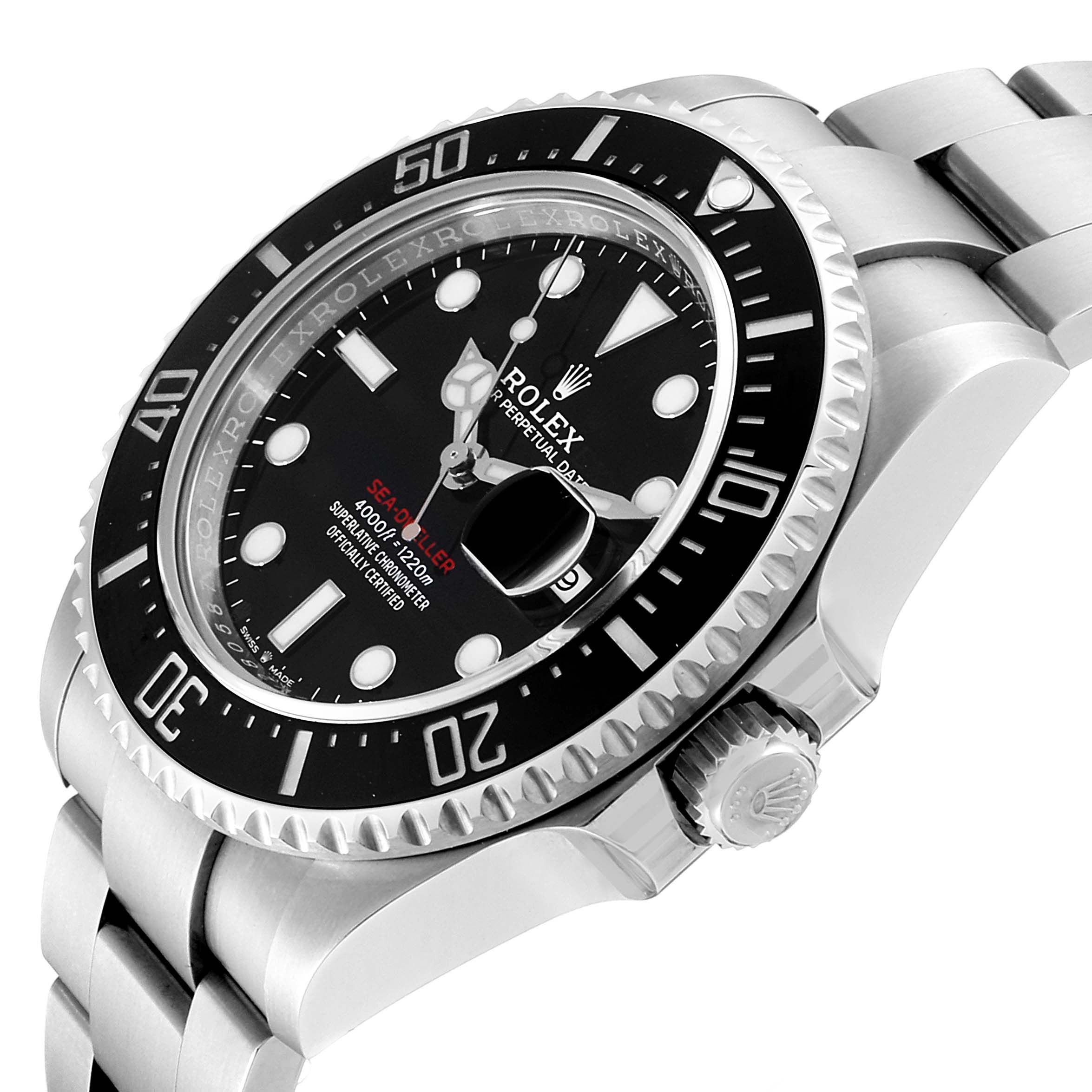 The image shows a close-up angled view of the Rolex Sea-Dweller 126600 Men
s Stainless Steel Black Dial 126600 Men
s Stainless Steel Black Dial watch, highlighting its dial, bezel, and part of the bracelet.