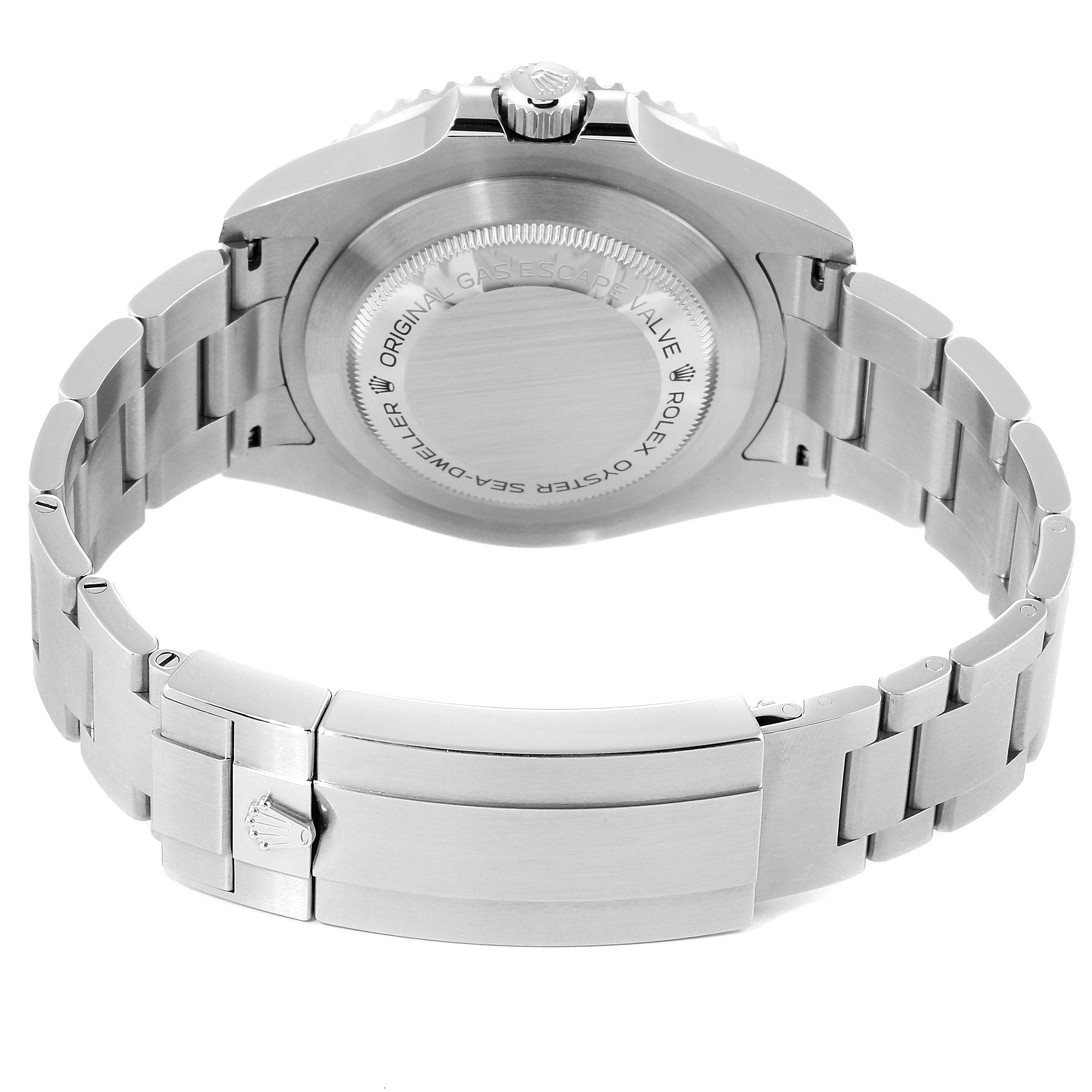 This image shows the back view of the Rolex Sea-Dweller 126600 Men
s Stainless Steel Black Dial 126600 Men
s Stainless Steel Black Dial watch, highlighting the case back and bracelet clasp.