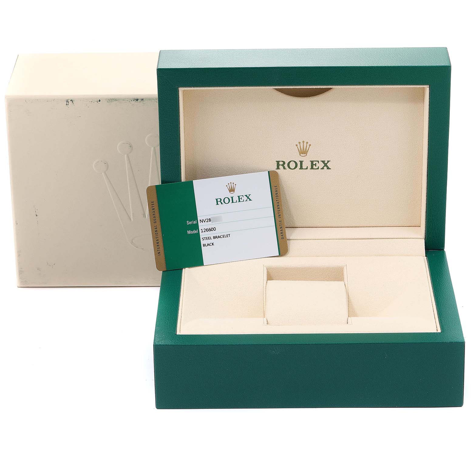 The image shows a green Rolex Sea-Dweller 126600 Men
s Stainless Steel Black Dial 126600 Men
s Stainless Steel Black Dial watch box, its exterior cardboard box, and the warranty card.