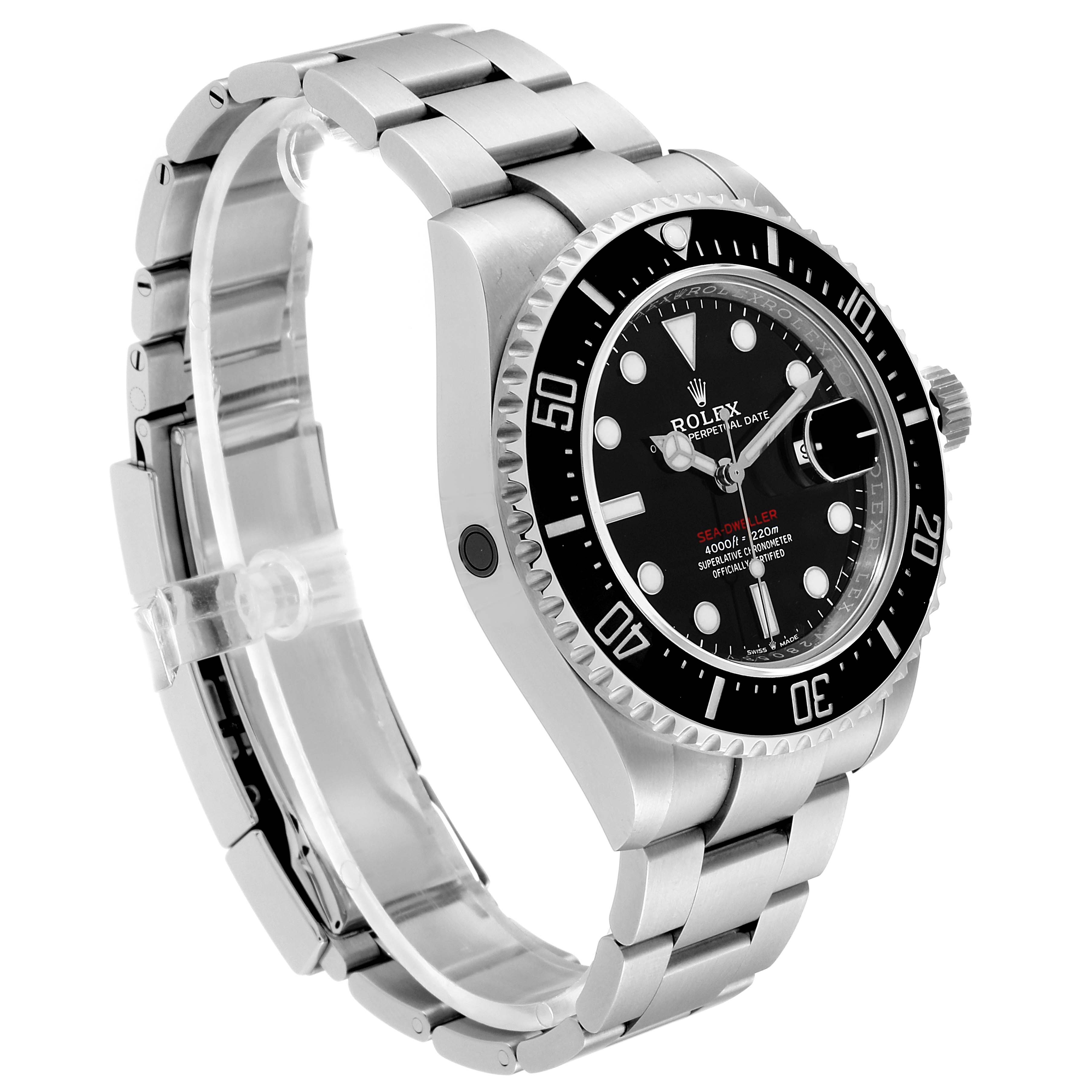 The image shows a side angle of the Rolex Sea-Dweller 126600 Men
s Stainless Steel Black Dial 126600 Men
s Stainless Steel Black Dial watch, highlighting its face, bezel, and bracelet.