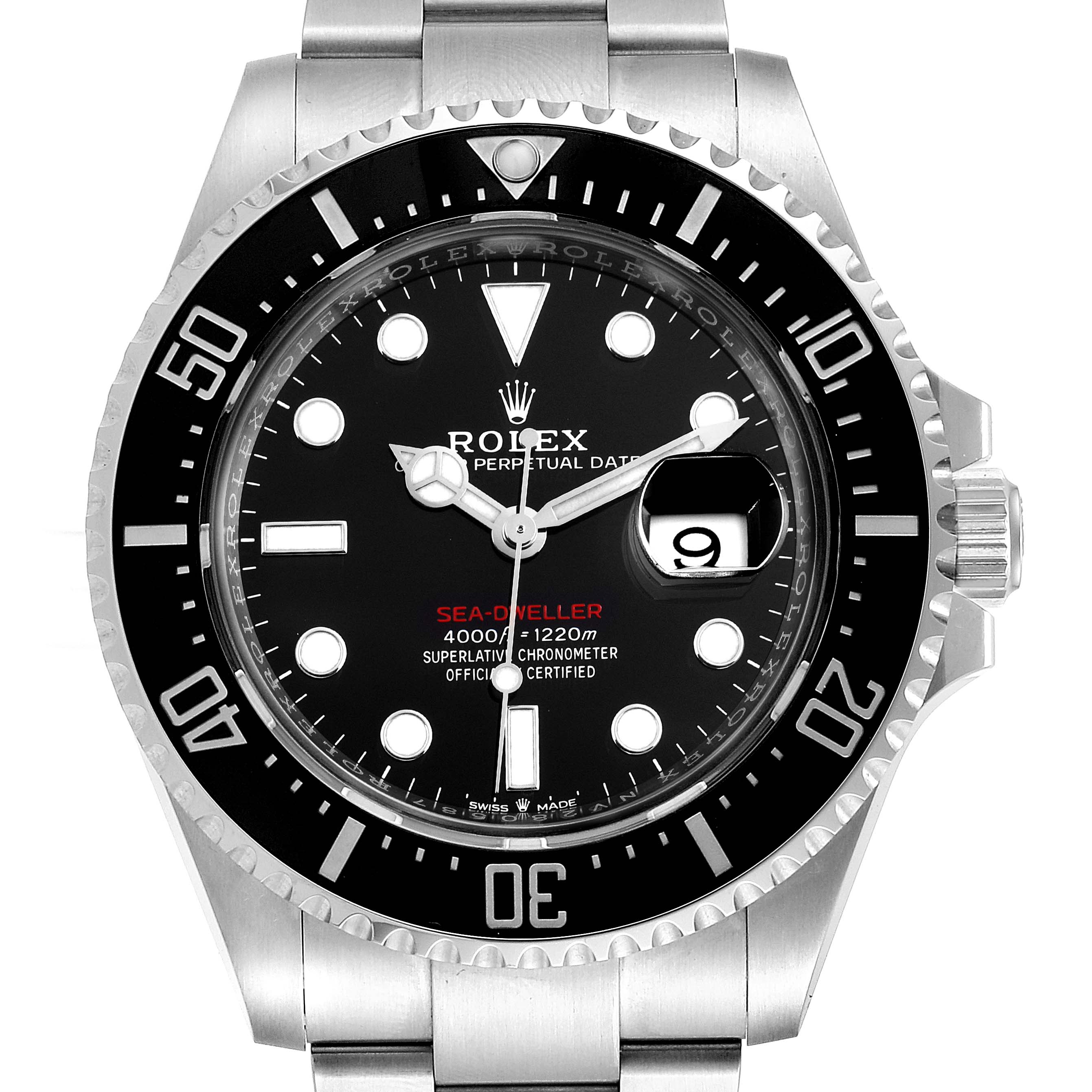 This image shows a front view of a Rolex Sea-Dweller 126600 Men
s Stainless Steel Black Dial 126600 Men
s Stainless Steel Black Dial watch, highlighting the dial, bezel, and part of the bracelet.