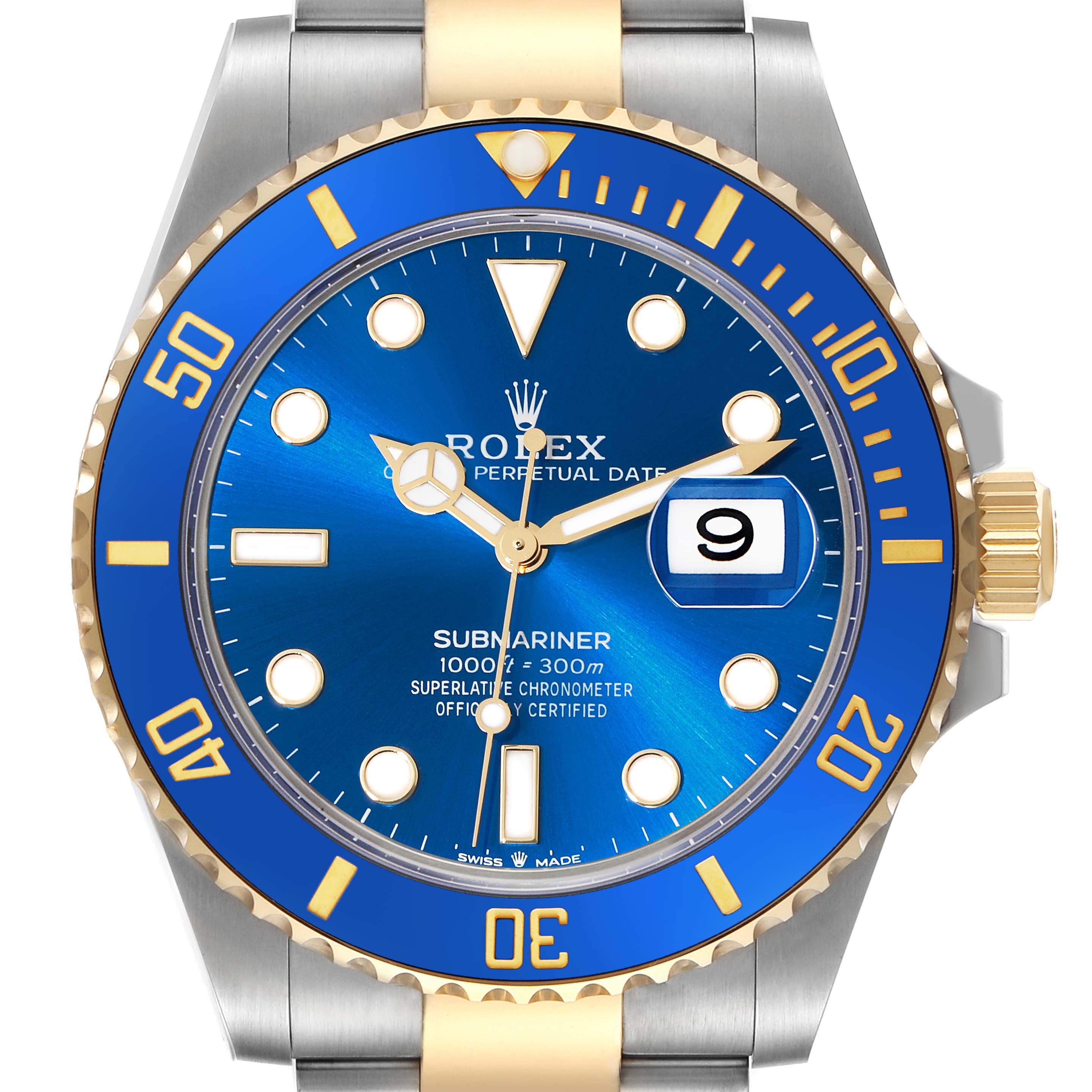 The image shows a frontal view of a Rolex Submariner 126613LB Men's Steel and Gold (two tone) Blue Dial 126613LB Men's Steel and Gold (two tone) Blue Dial watch, highlighting its blue dial, bezel, and gold accents.