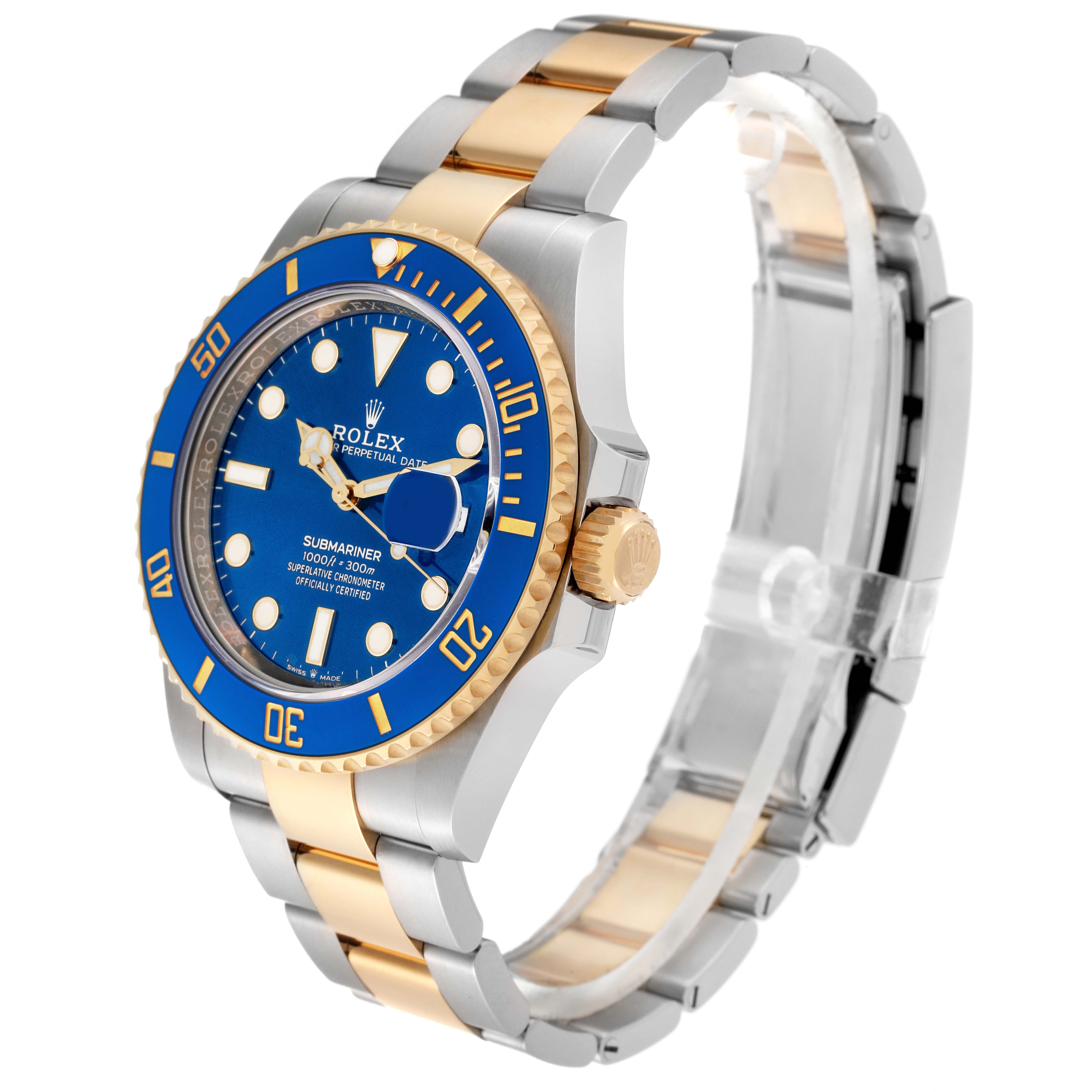 The image shows a side angle of a Rolex Submariner 126613LB Men's Steel and Gold (two tone) Blue Dial 126613LB Men's Steel and Gold (two tone) Blue Dial watch, highlighting the blue dial, bezel, and two-tone bracelet.