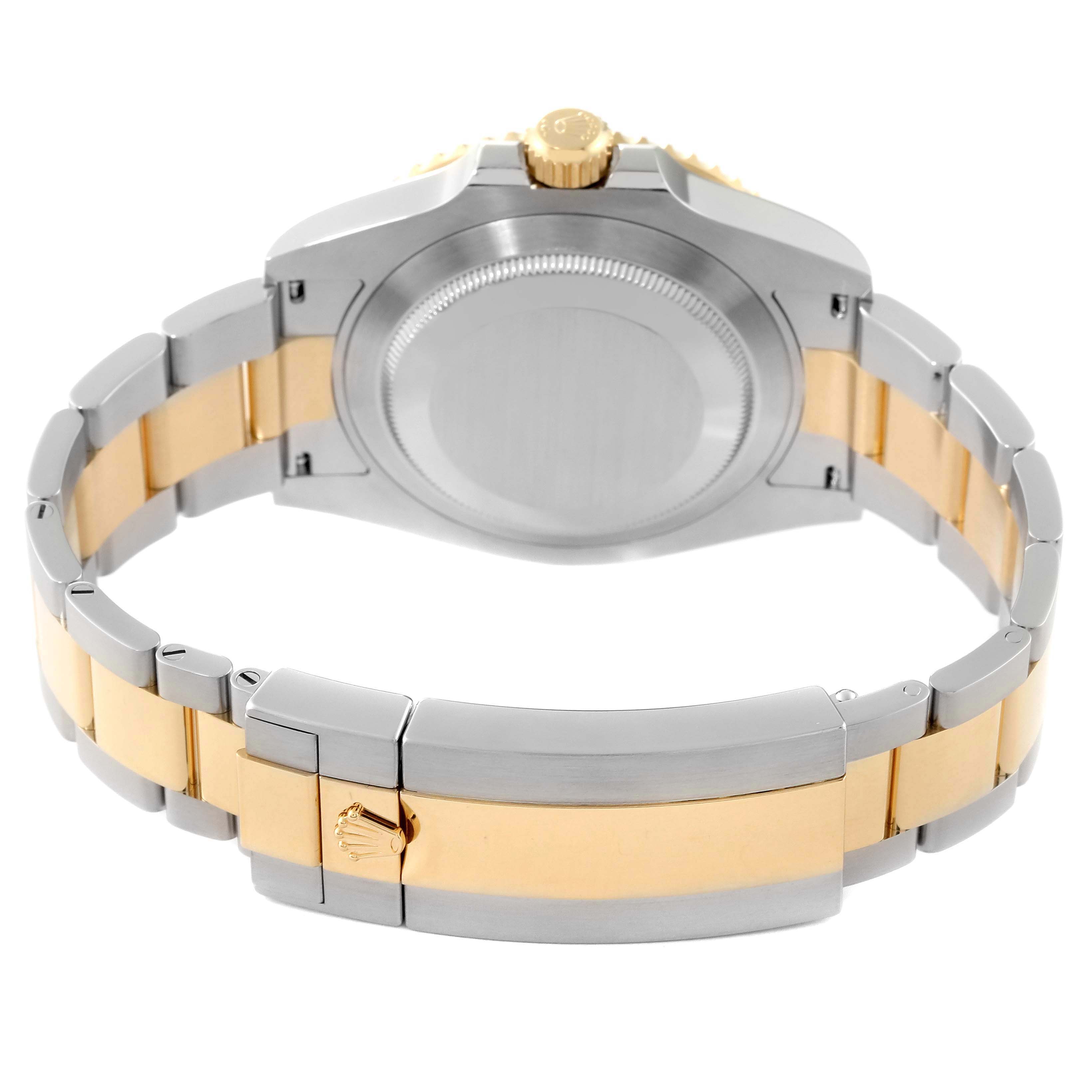 This image shows the back view of a Rolex Submariner 126613LB Men's Steel and Gold (two tone) Blue Dial 126613LB Men's Steel and Gold (two tone) Blue Dial watch, highlighting its stainless steel and gold bracelet.