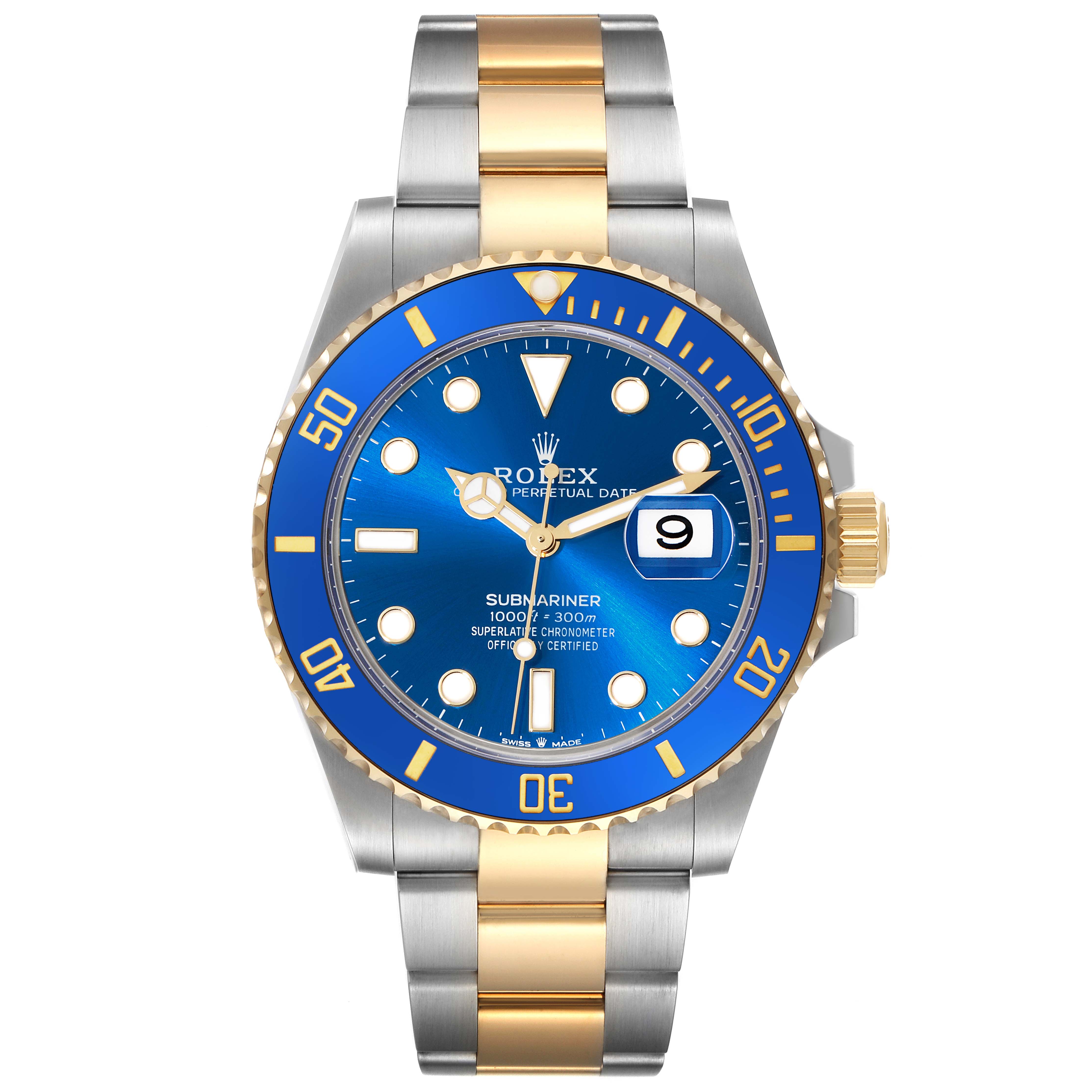 The Rolex Submariner 126613LB Men's Steel and Gold (two tone) Blue Dial 126613LB Men's Steel and Gold (two tone) Blue Dial watch is shown from the front, displaying the blue dial, bezel, and two-tone bracelet.