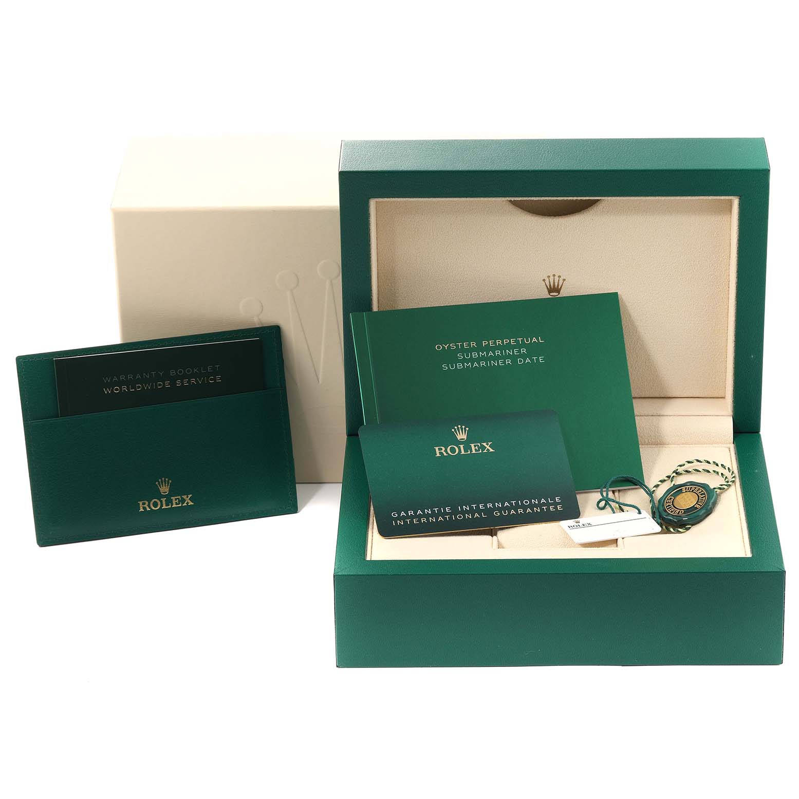 The image shows the packaging, warranty booklet, and guarantee card for a Rolex Submariner 126613LB Men's Steel and Gold (two tone) Blue Dial 126613LB Men's Steel and Gold (two tone) Blue Dial watch.