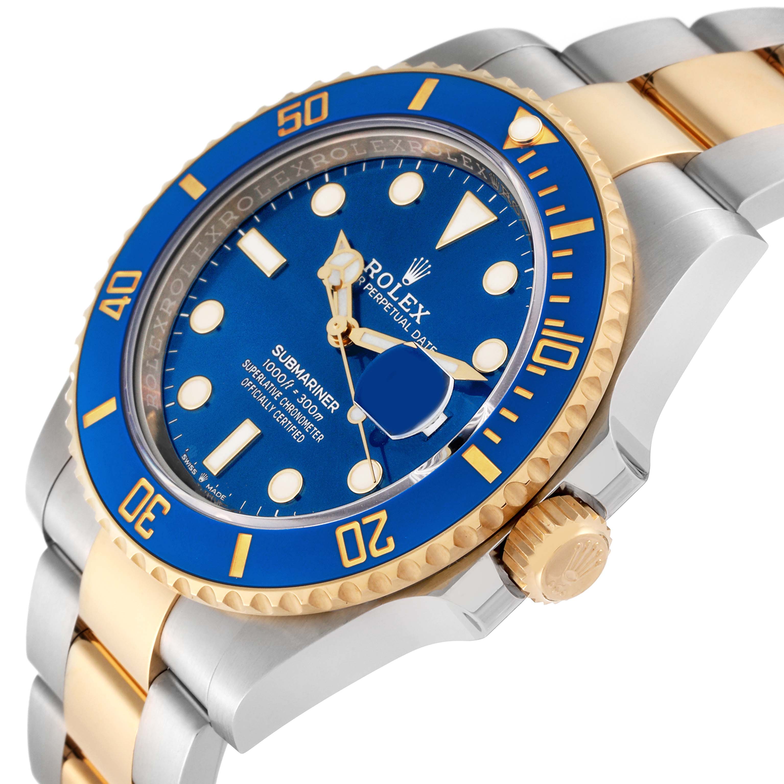The image shows a Rolex Submariner 126613LB Men's Steel and Gold (two tone) Blue Dial 126613LB Men's Steel and Gold (two tone) Blue Dial watch at a slight angle displaying the blue dial, gold bezel, and part of the two-tone bracelet.