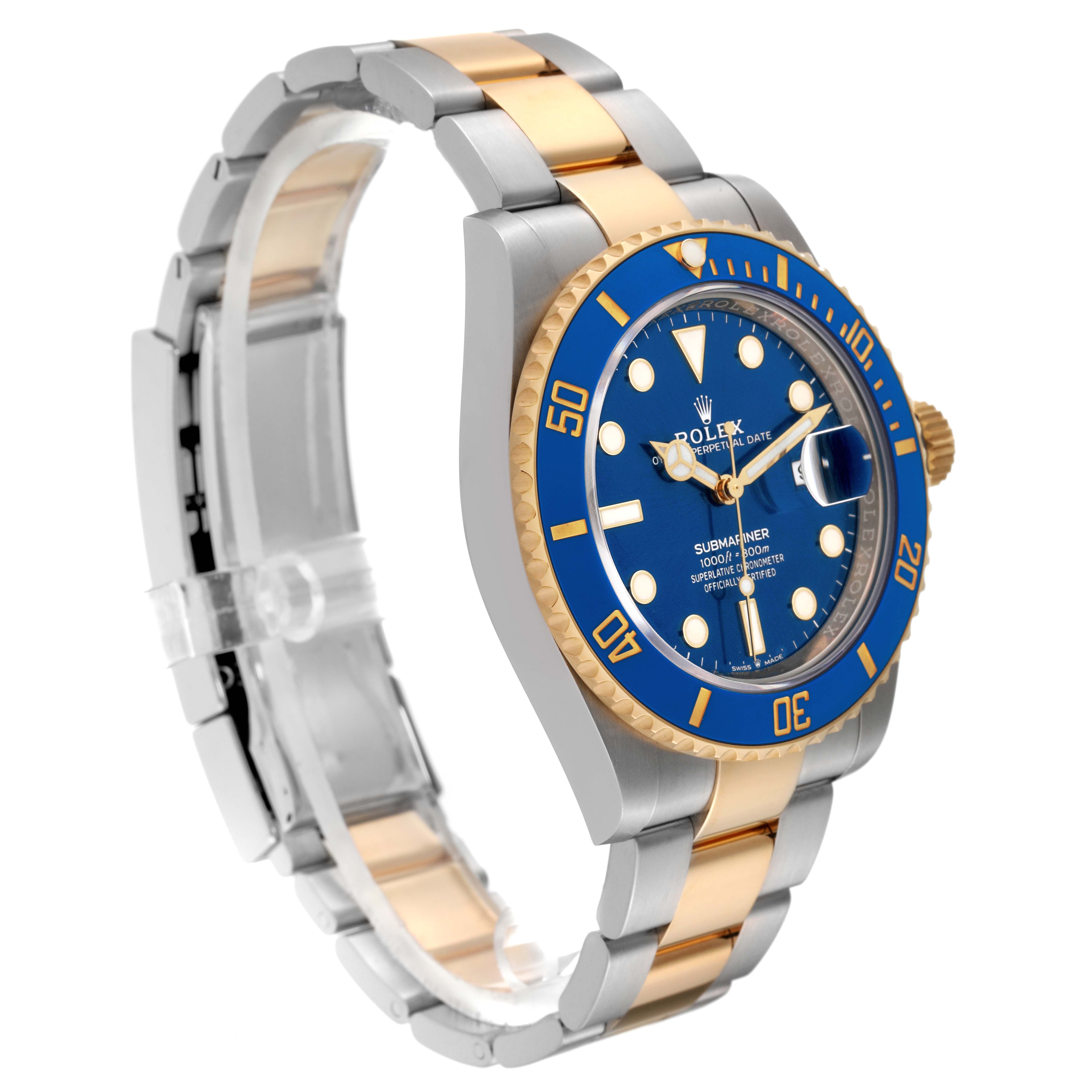 The image shows a side angle of the Rolex Submariner 126613LB Men's Steel and Gold (two tone) Blue Dial 126613LB Men's Steel and Gold (two tone) Blue Dial, displaying its blue dial, bezel, and two-tone metal bracelet.