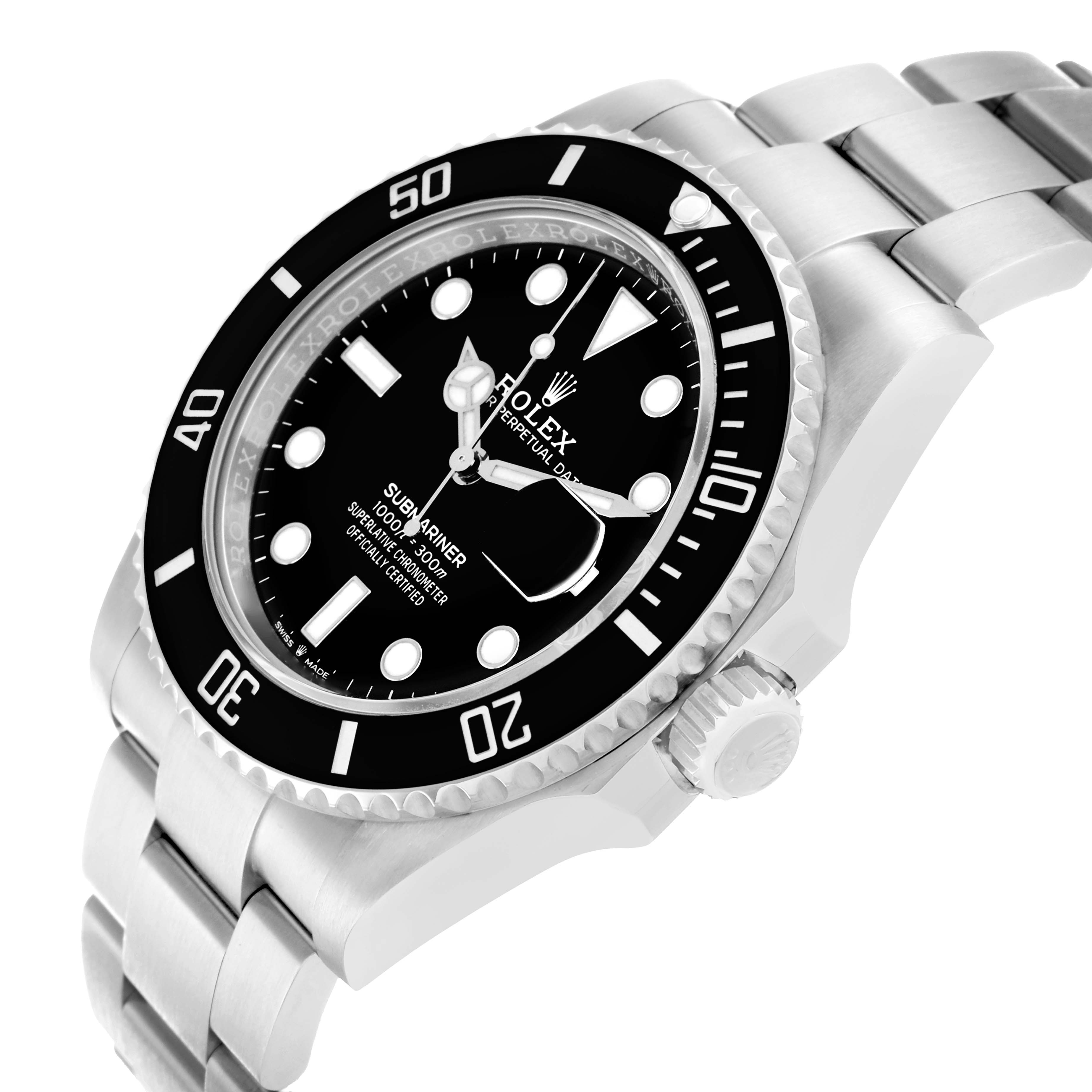 The Rolex Submariner 126610 Men
s Stainless Steel Black Dial watch is shown at an angle highlighting the dial, bezel, crown, and part of the bracelet.